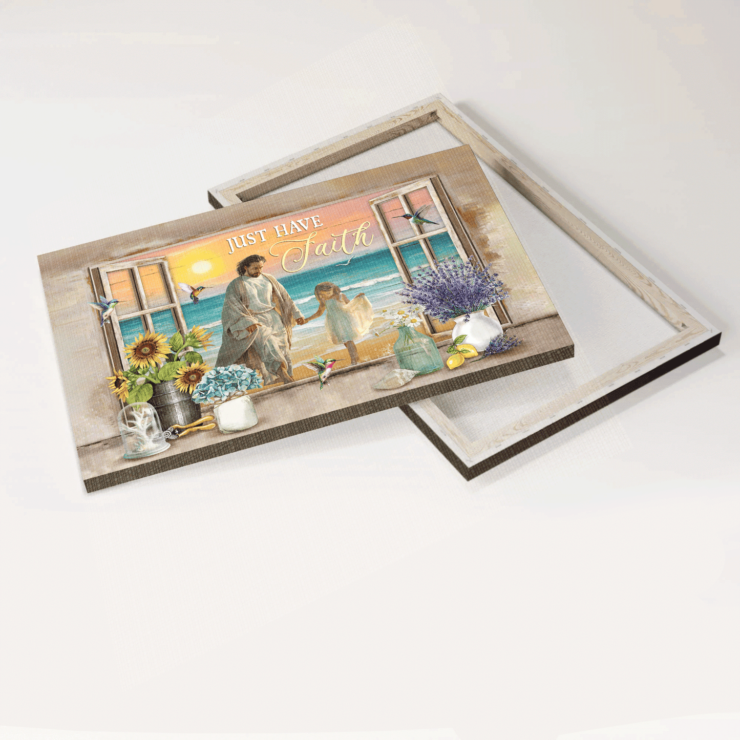 Jesus Landscape Canvas - Little girl, Jesus hold my hand, Ocean view, Landscape Canvas - Gift For Christian - Just have faith Landscape Canvas
