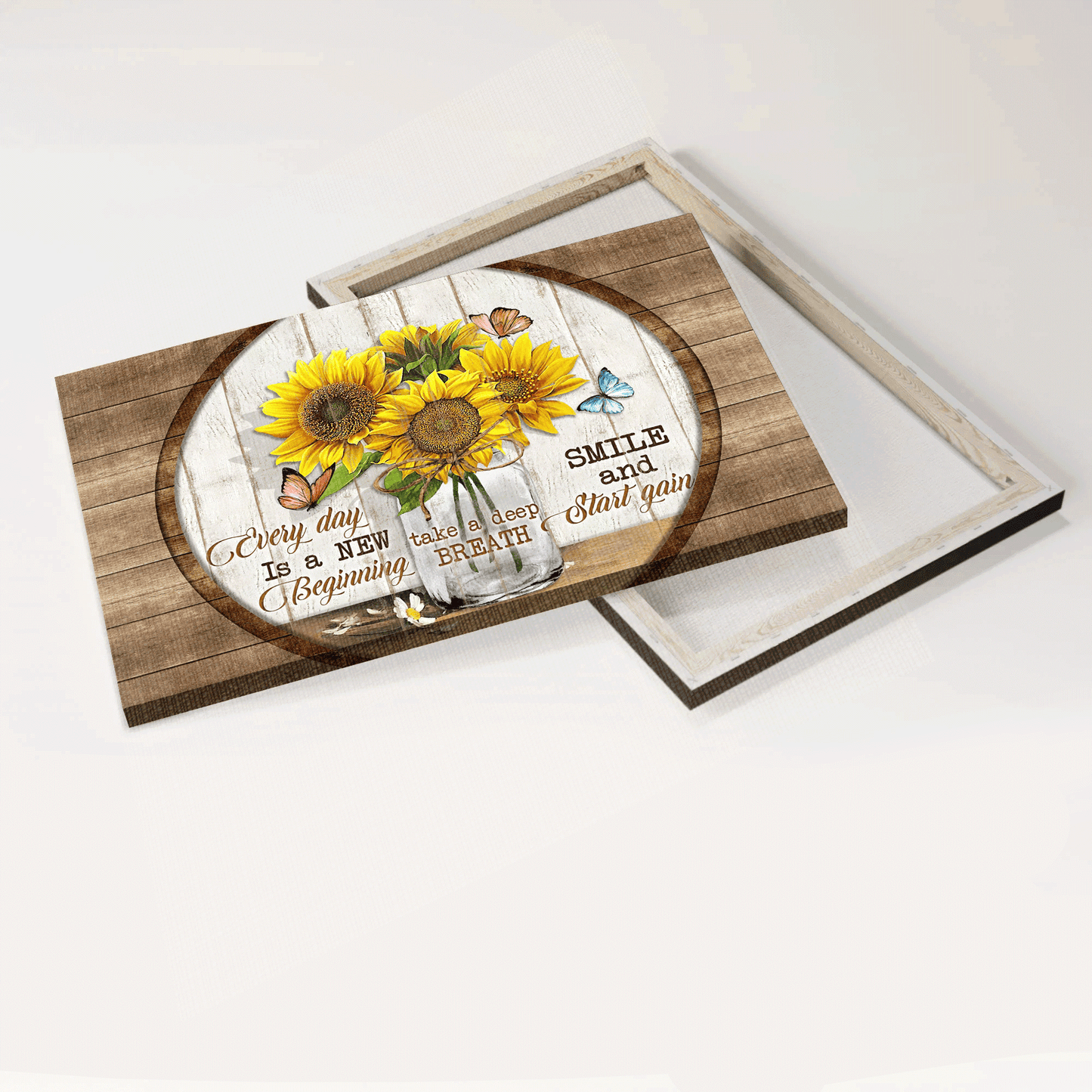 Jesus Landscape Canvas -Big sunflower, Pink butterfly, Wooden circle Landscape Canvas - Gift For Christian - Every day is a new beginning Landscape Canvas