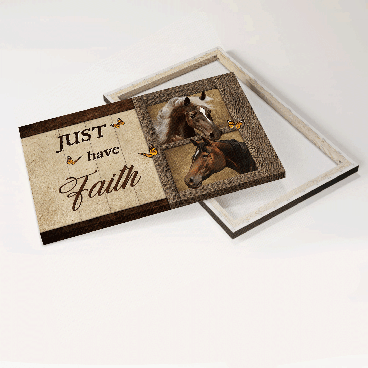 Jesus Landscape Canvas- Beautiful horse, Orange butterfly, Wooden background canvas- Gift for Christian- Just have faith