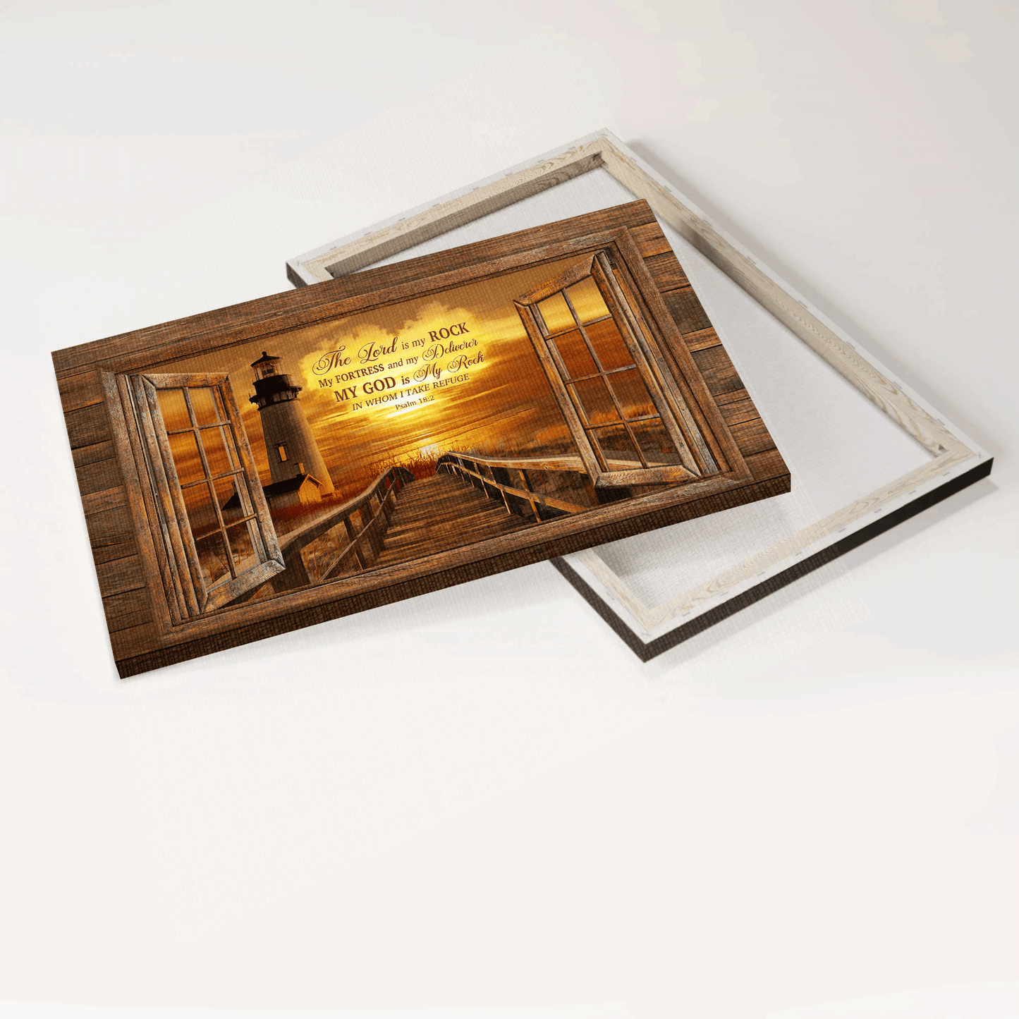 Jesus Landscape Canvas - Lighthouse, Sunset painting Canvas - Gift For Christian - My God is my rock, In whom I take refuge Landscape Canvas