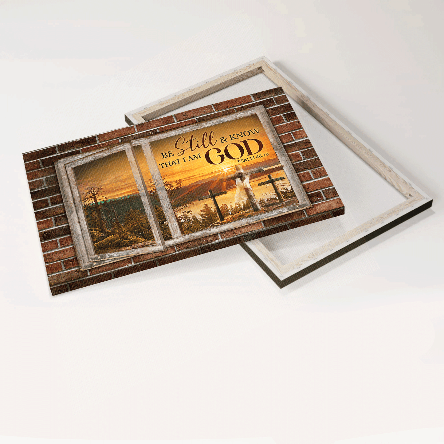 Jesus Landscape Canvas - Beautiful sunset, Countryside painting, Wooden window Landscape Canvas - Gift For Christian - Be still and know that I am God