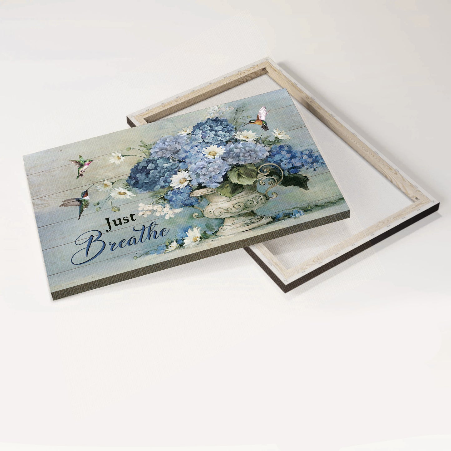 Jesus Landscape Canvas - Blue hydrangea, Daisy flower, Green hummingbirds Landscape Canvas - Gift For Christian - Just breathe Landscape Canvas