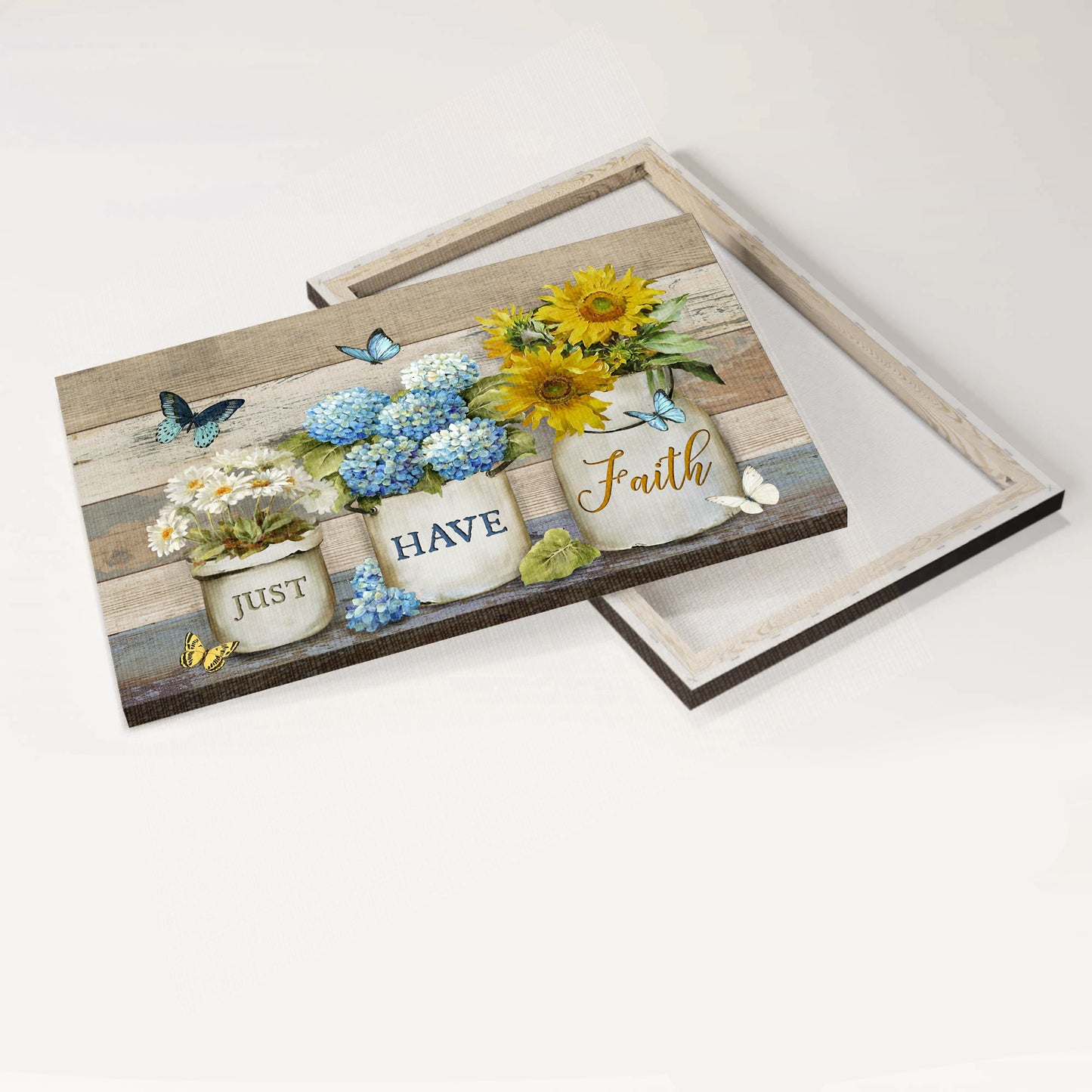 Jesus Landscape Canvas - Blue hydrangea, Sunflower, Rustic flower pot, Watercolor butterfly Landscape Canvas - Gift For Christian - Just have faith Landscape Canvas