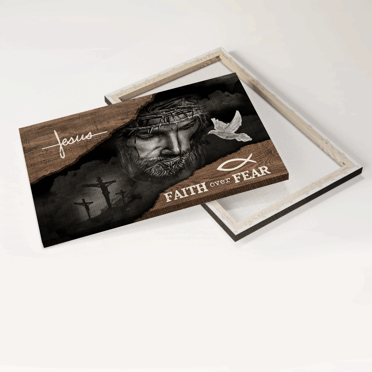 Jesus Landscape Canvas - Jesus painting, Black and white painting, Wooden background Landscape Canvas - Gift For Christian - Faith over fear Landscape Canvas