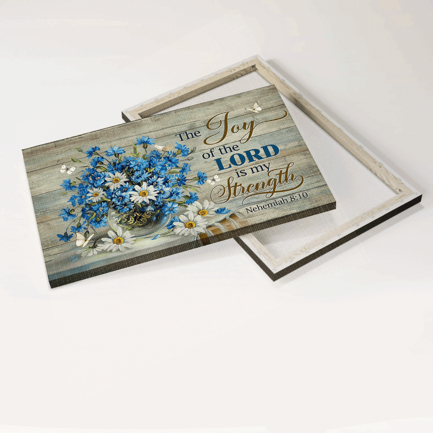 Jesus Landscape Canvas- Blue daisy, Daisy vase, White butterfly- Gift for Christian- The joy of the Lord is my strength - Landscape Canvas Prints, Home Decor Wall Art