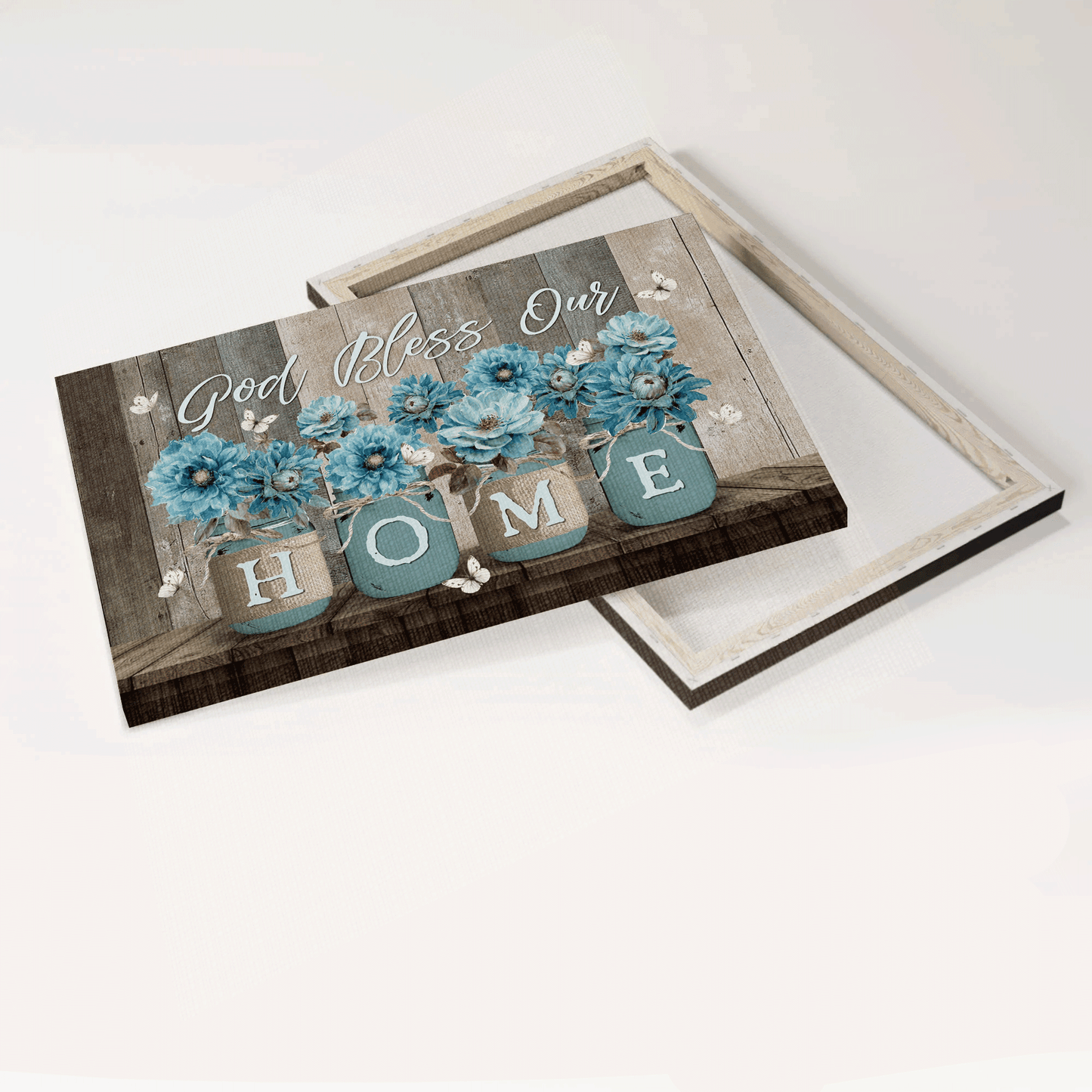 Jesus Landscape Canvas - Blue flower, White butterfly, Mason jars Landscape Canvas - Gift For Christian - God bless our home Landscape Canvas