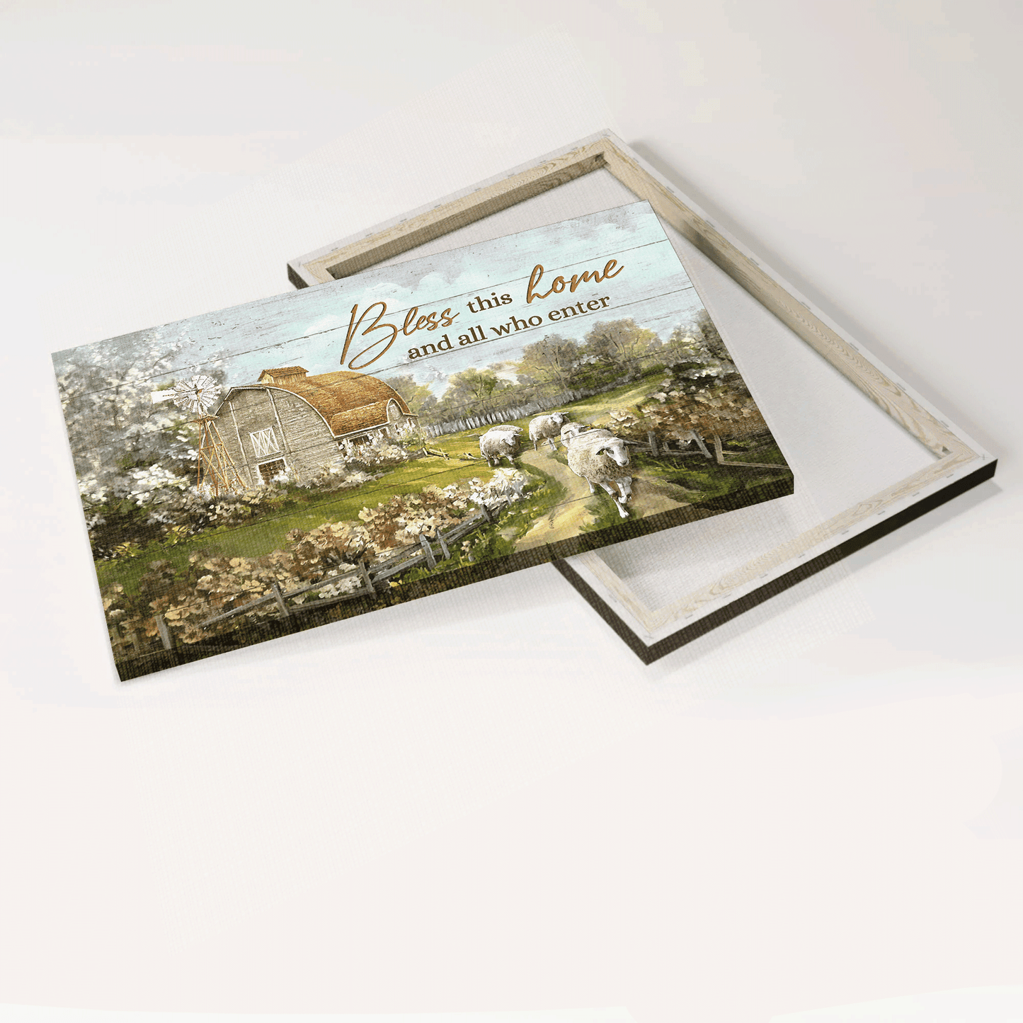 Jesus Landscape Canvas- Beautiful Farm, Sheep Drawing, Vintage House Canvas- Gift For Christian- Bless This House