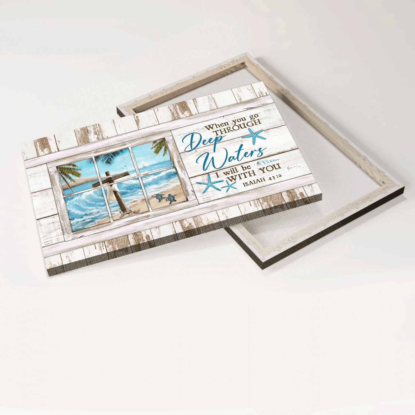 Jesus Landscape Canvas- Cross, Ocean, Sea turtle- Gift for Christian - When you go through deep water, I will be with you - Landscape Canvas Prints, Wall Art