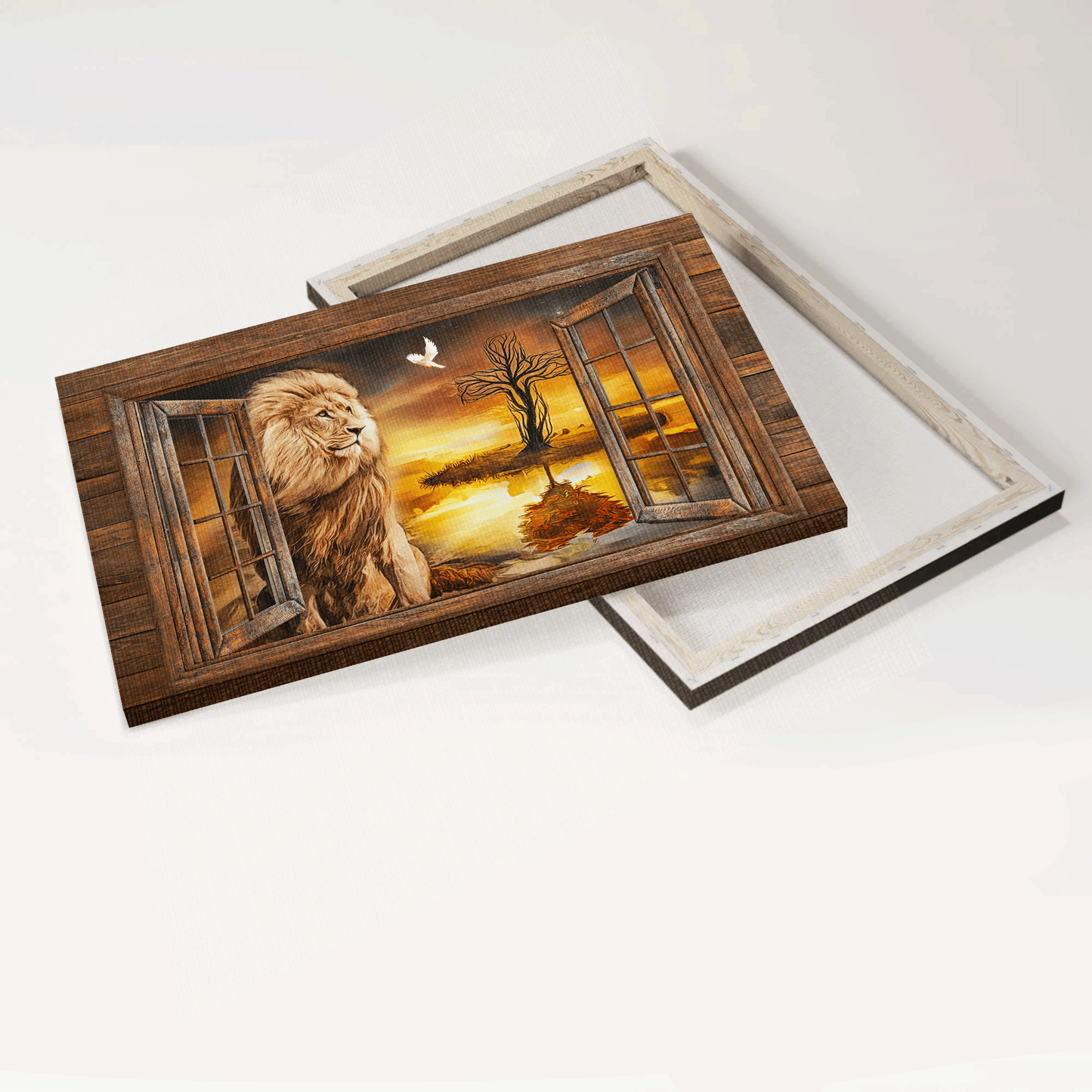 Jesus Landscape Canvas - Lion of Judah, The beautiful sunset, Window frame, Lion and the dove Landscape Canvas - Gift For Christian Landscape Canvas