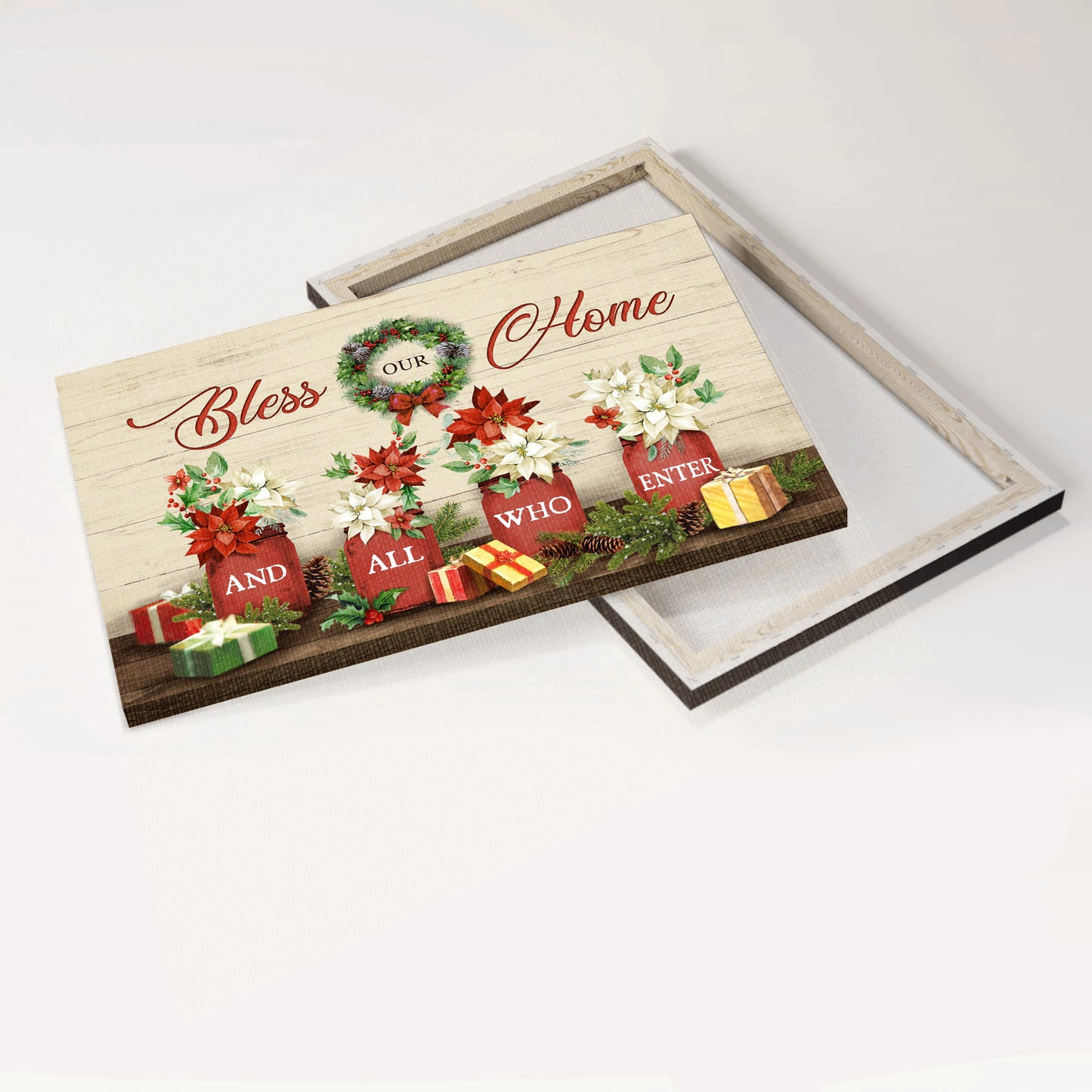 Jesus Landscape Canvas - Christmas Painting, Flower Laurel Wreath, Colorful Christmas Gift Box Landscape Canvas - Gift For Christian - Bless Our Home And All Who Enter