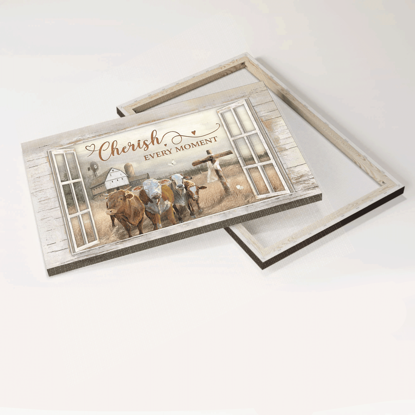 Jesus Landscape Canvas - Window Frame, Barn House Painting, Cows On Field Canvas - Gift For Christian - Cherish Every Moment Canvas