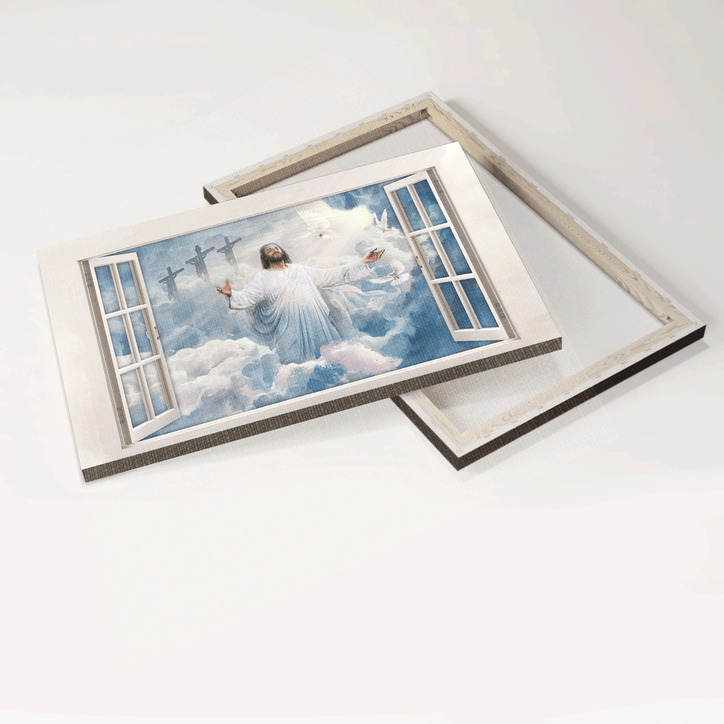 Jesus Landscape Canvas- Beautiful heaven, Jesus painting, Holy spirit dove, White windows, Jesus in heaven canvas- Gift for Christian