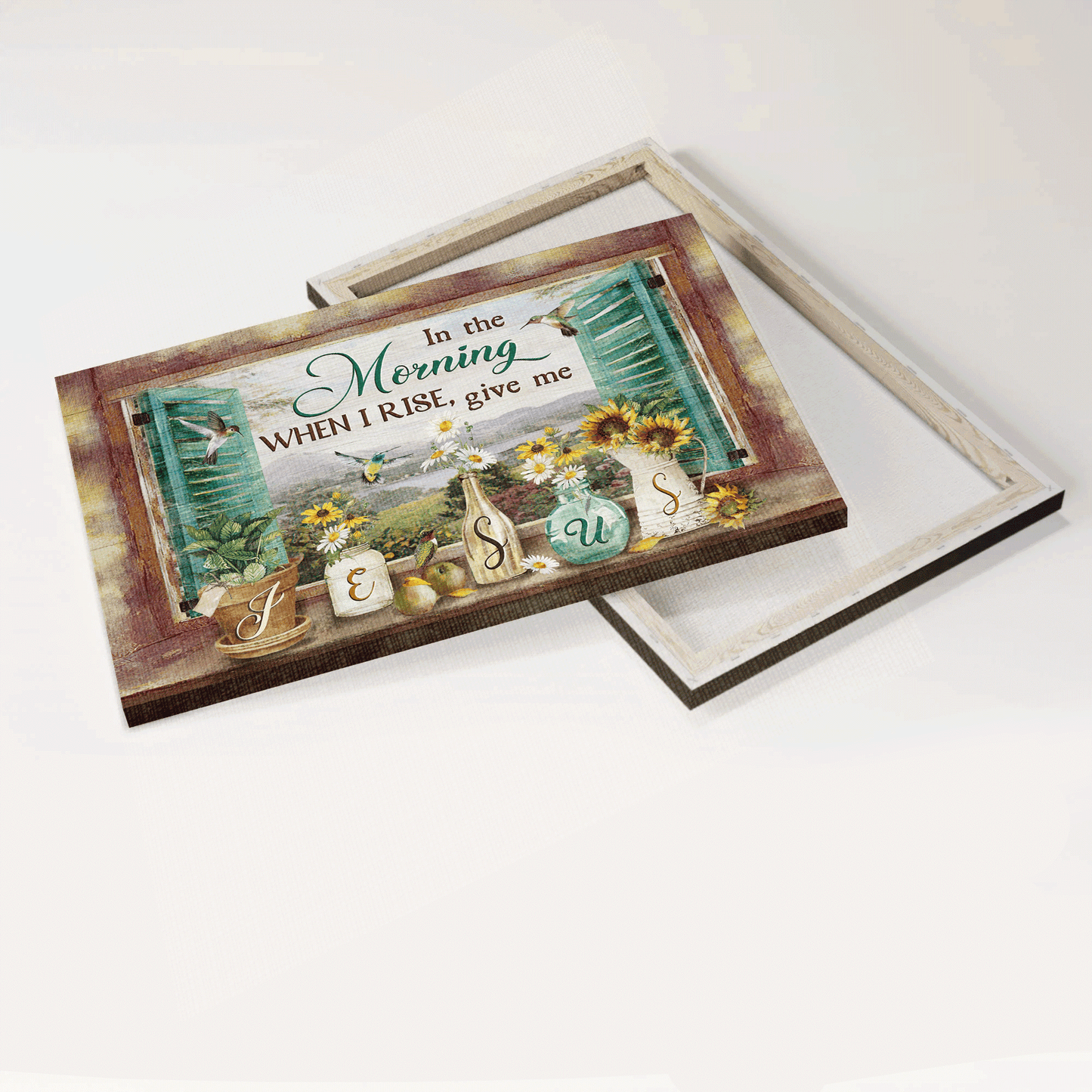 Jesus Landscape Canvas- Daisy painting, Colorful hummingbird canvas- Gift for Christian- In the morning when I rise, Give me Jesus