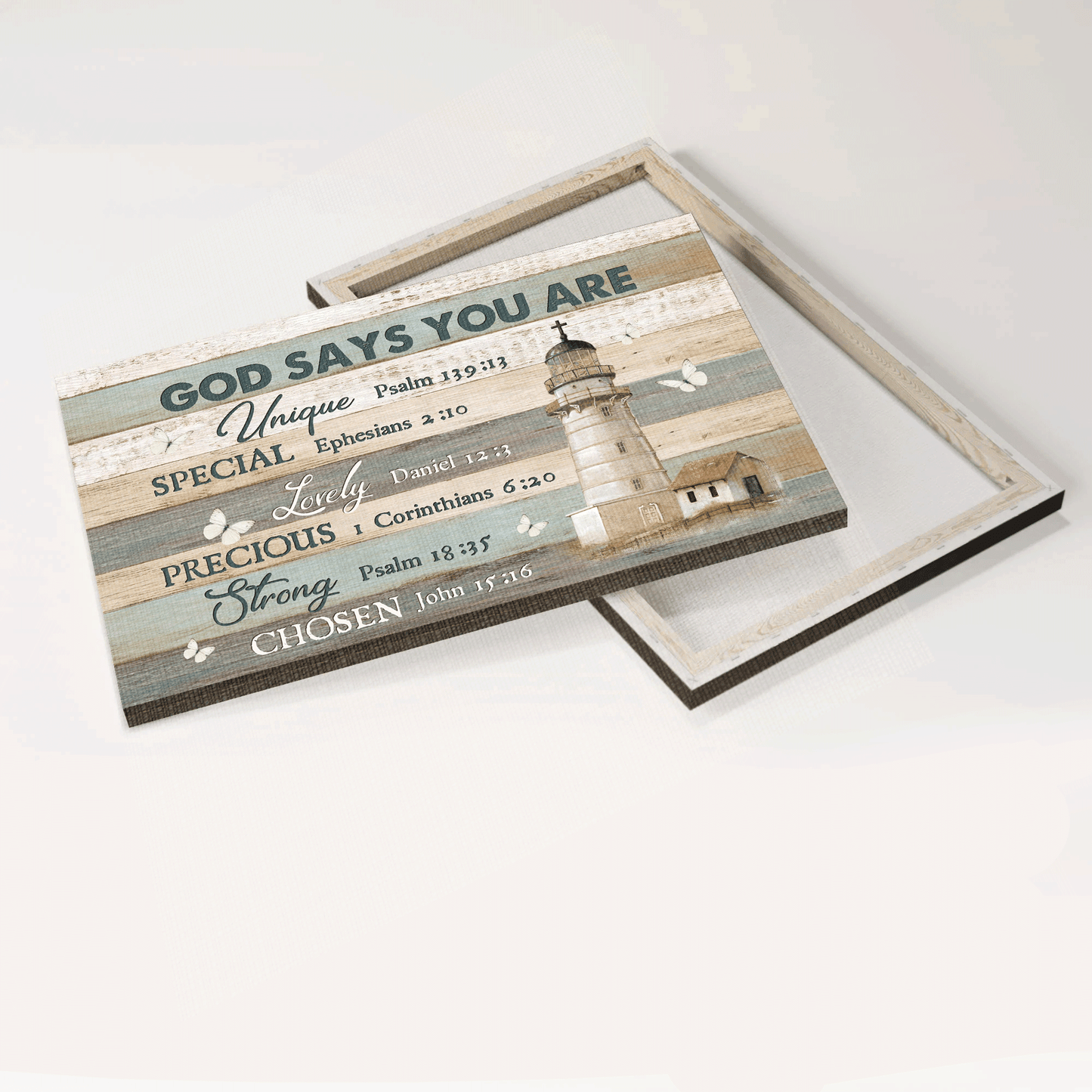 Jesus Landscape Canvas - Light house, Flying butterfly, Wood plank texture Canvas - Gift For Christian - God says you are unique Landscape Canvas