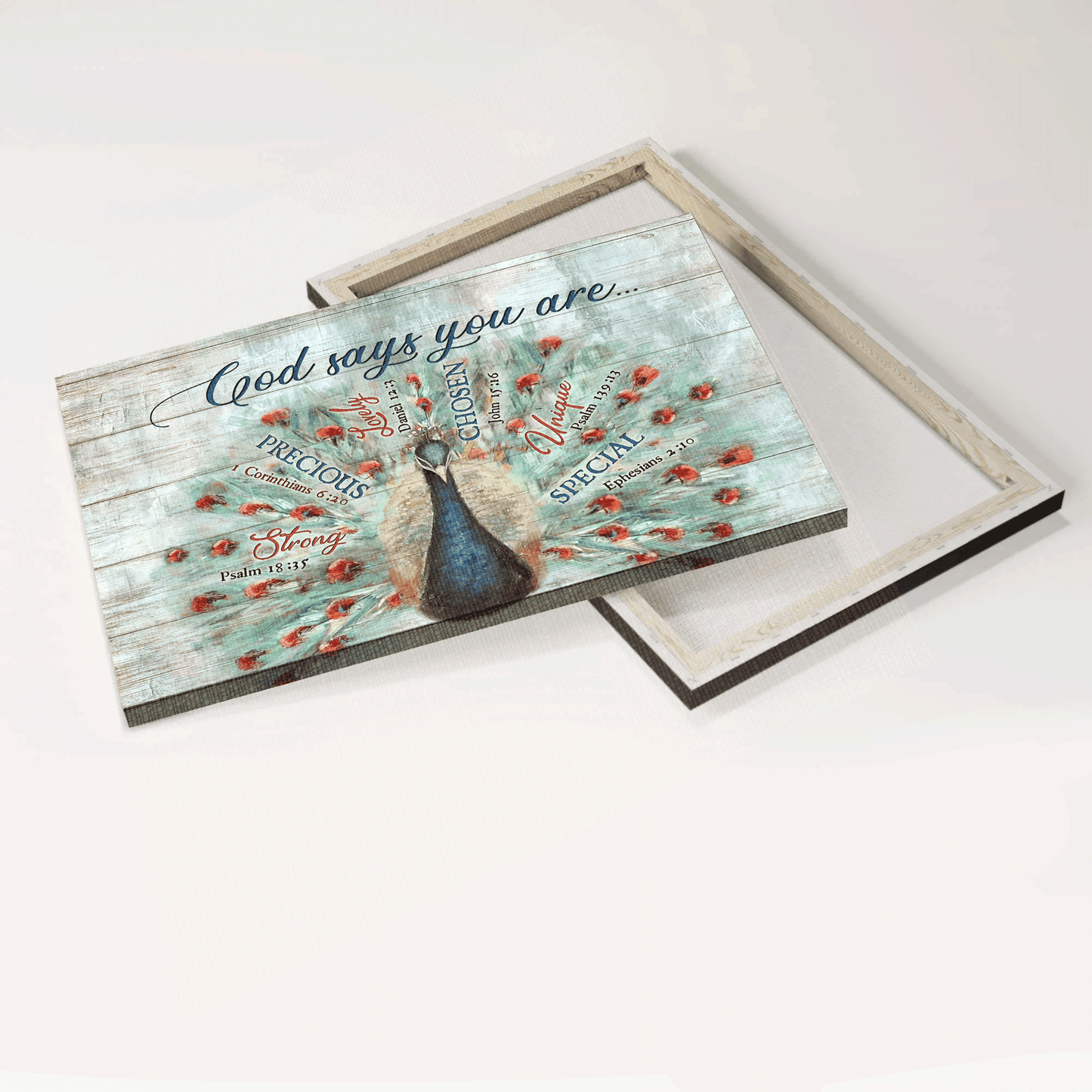 Jesus Landscape Canvas- Blue Peacock painting, Bible verses, Vintage drawing - Gift for Christian- God says you are - Landscape Canvas Prints, Home Decor Wall Art