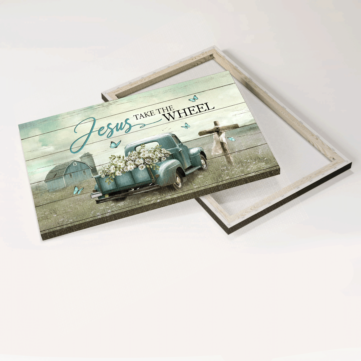 Jesus Landscape Canvas- Daisy field, Ladybug car, Vintage painting, Wooden cross, Blue butterfly canvas- Gift for Christian- Jesus take the wheel