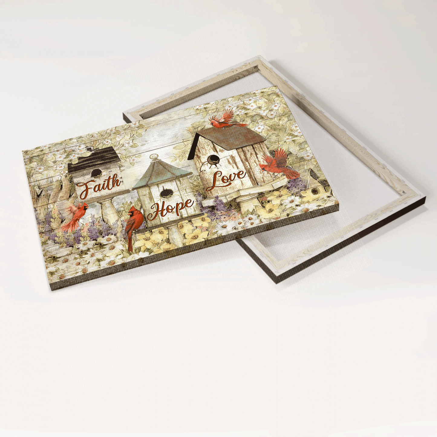 Jesus Landscape Canvas - Red cardinals, Bird house, Flower garden, Faith hope love Landscape Canvas - Gift For Christian Canvas Prints, Christian Wall Art