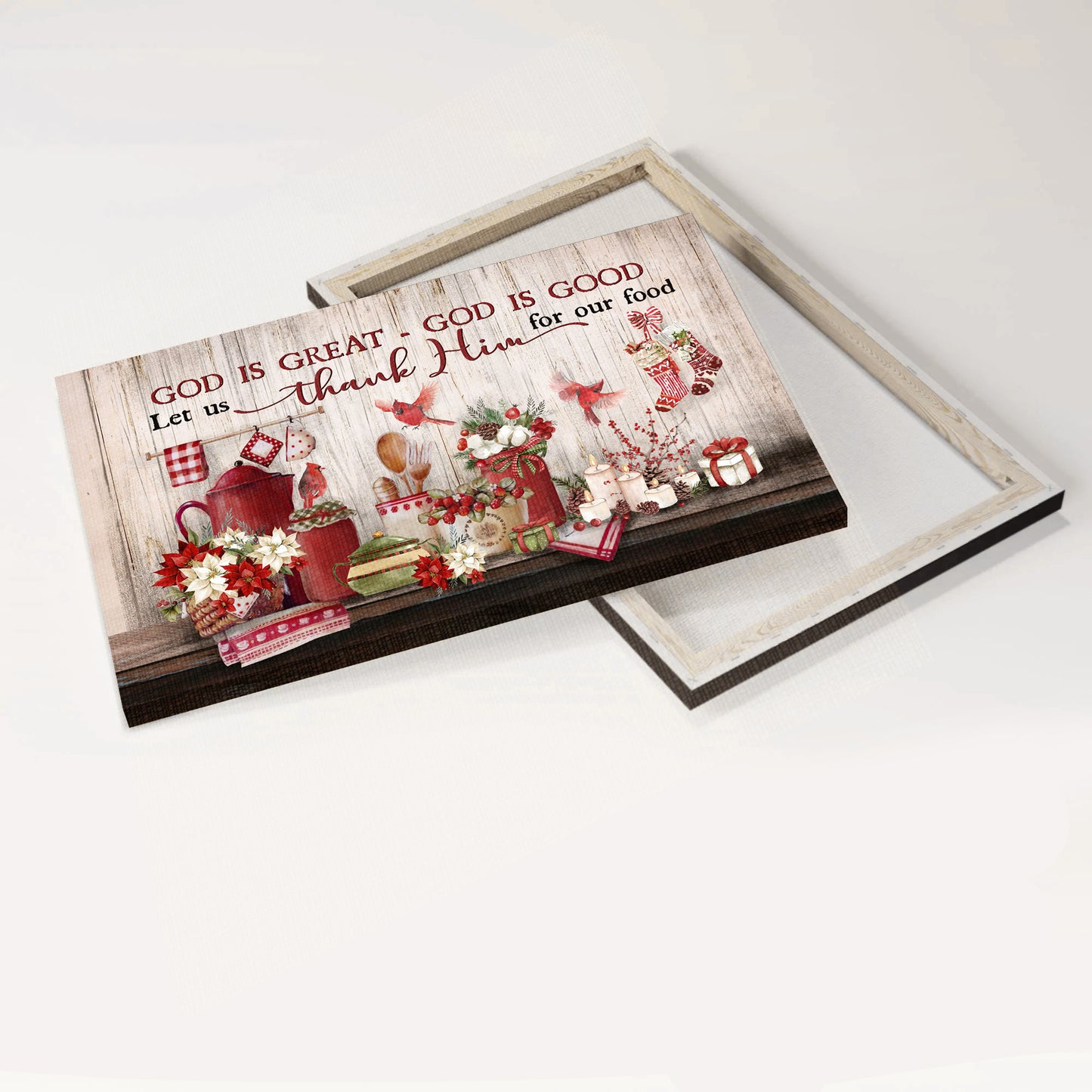 Jesus Landscape Canvas - Christmas Kitchen, Colorful Flower, Red Cardinal, Merry Christmas Landscape Canvas - Gift For Christian - God Is Great Landscape Canvas