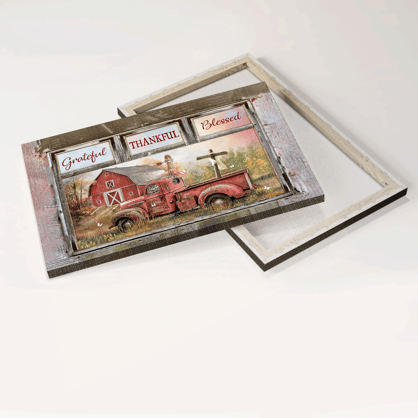 Jesus Landscape Canvas - Old red truck, Red barn, Old rugged cross Landscape Canvas - Gift For Christian - Grateful, thankful, blessed Landscape Canvas