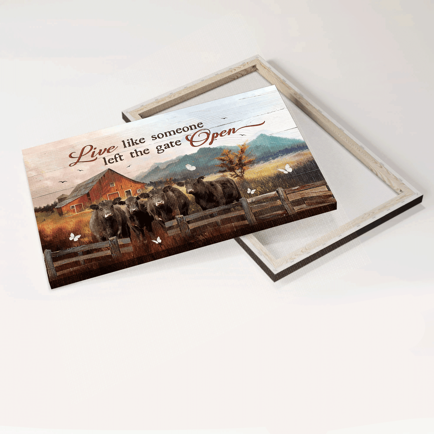 Jesus Landscape Canvas - Peaceful farm, Angus cow, White butterfly Landscape Canvas - Gift For Christian - Live like someone left the gate open Landscape Canvas