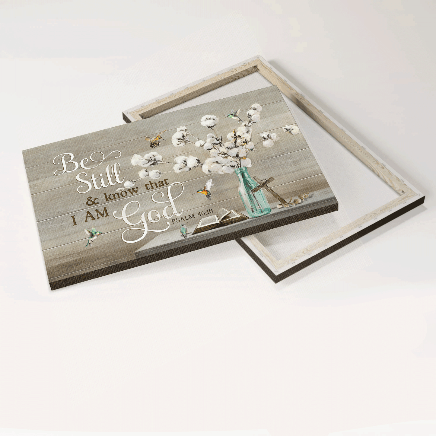 Jesus Landscape Canvas - Beautiful cotton flower, Blue bottle, Hummingbird Landscape Canvas - Gift For Christian - Be still and know that I am God