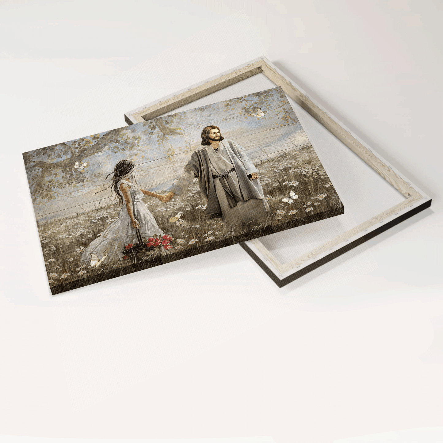 Jesus Landscape Canvas- Daisy field, Pretty girl, Rose vase, Walking with Jesus, White butterfly canvas- Gift for Christian