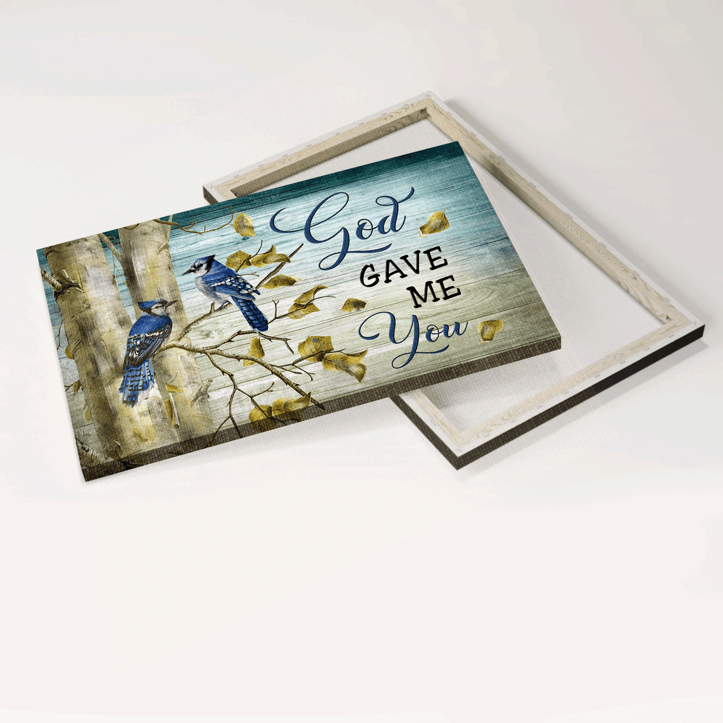 Jesus Landscape Canvas- Blue Jay Couple, Autumn tree canvas- Gift for Christian- God gave me you - Landscape Canvas Prints, Wall Art