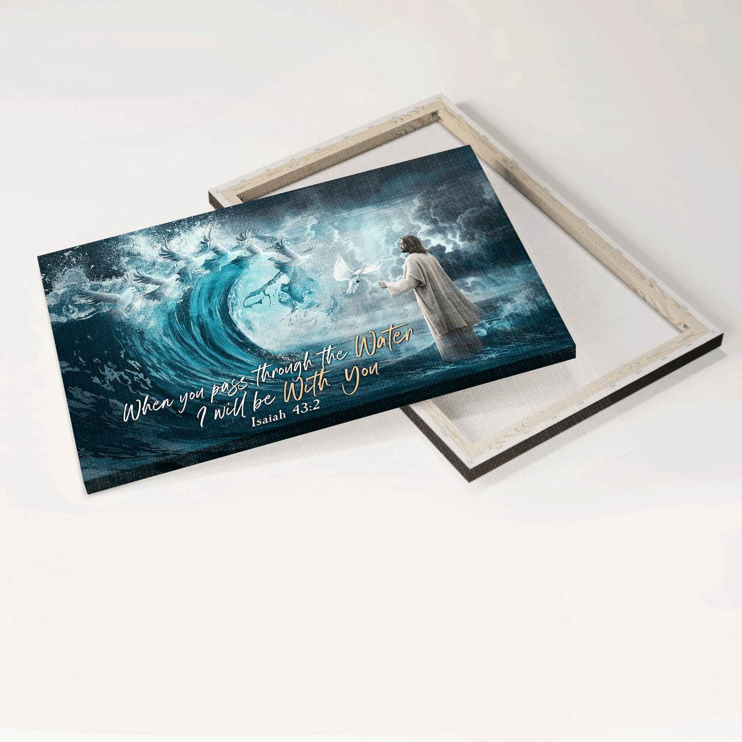 Jesus Landscape Canvas- Dove of peace, Jesus calms the storm, Bible verse canvas- Gift for Christian- When you pass through the water