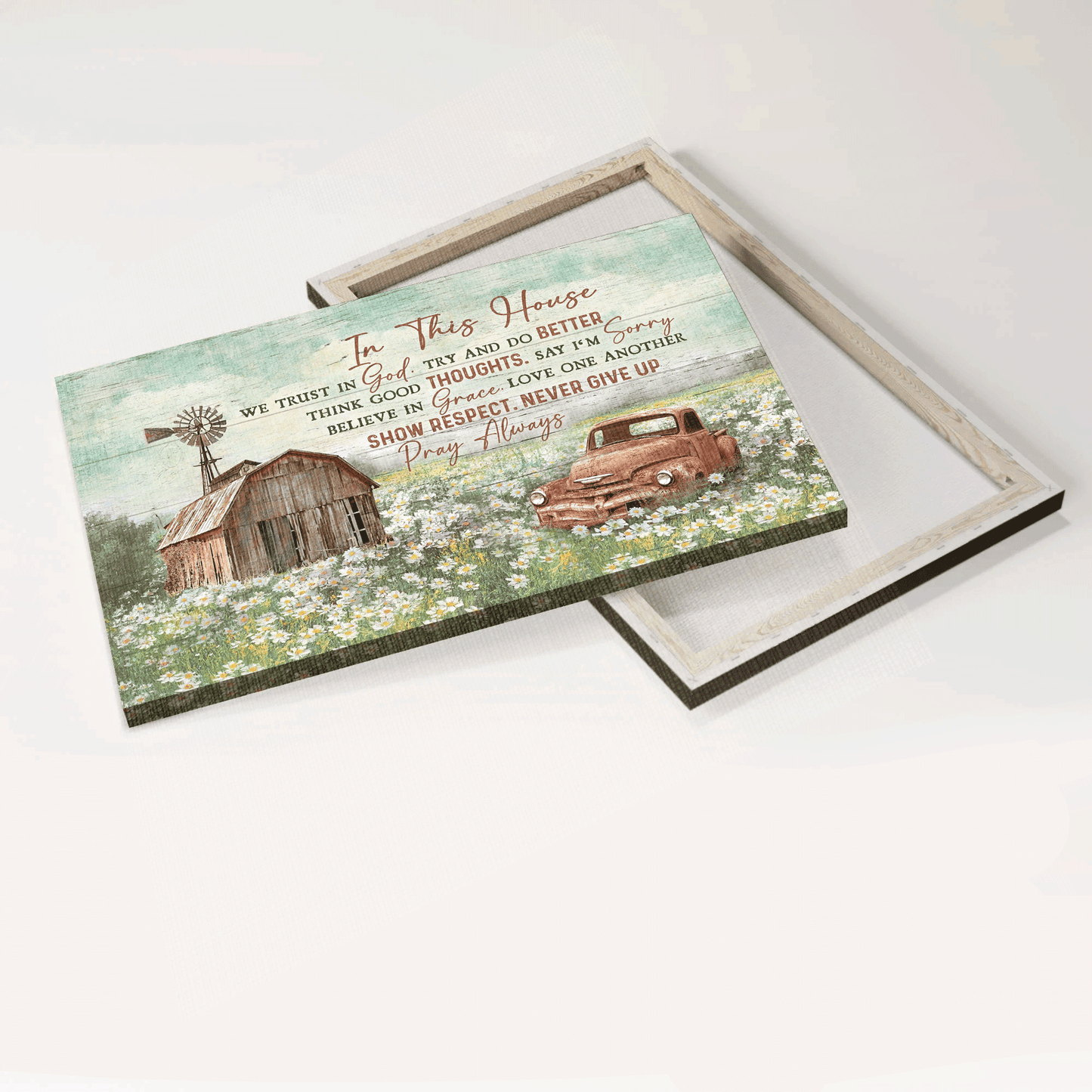 Jesus Landscape Canvas - Old barn painting, Daisy field Landscape Canvas - Gift For Christian - In this house we trust in God Landscape Canvas