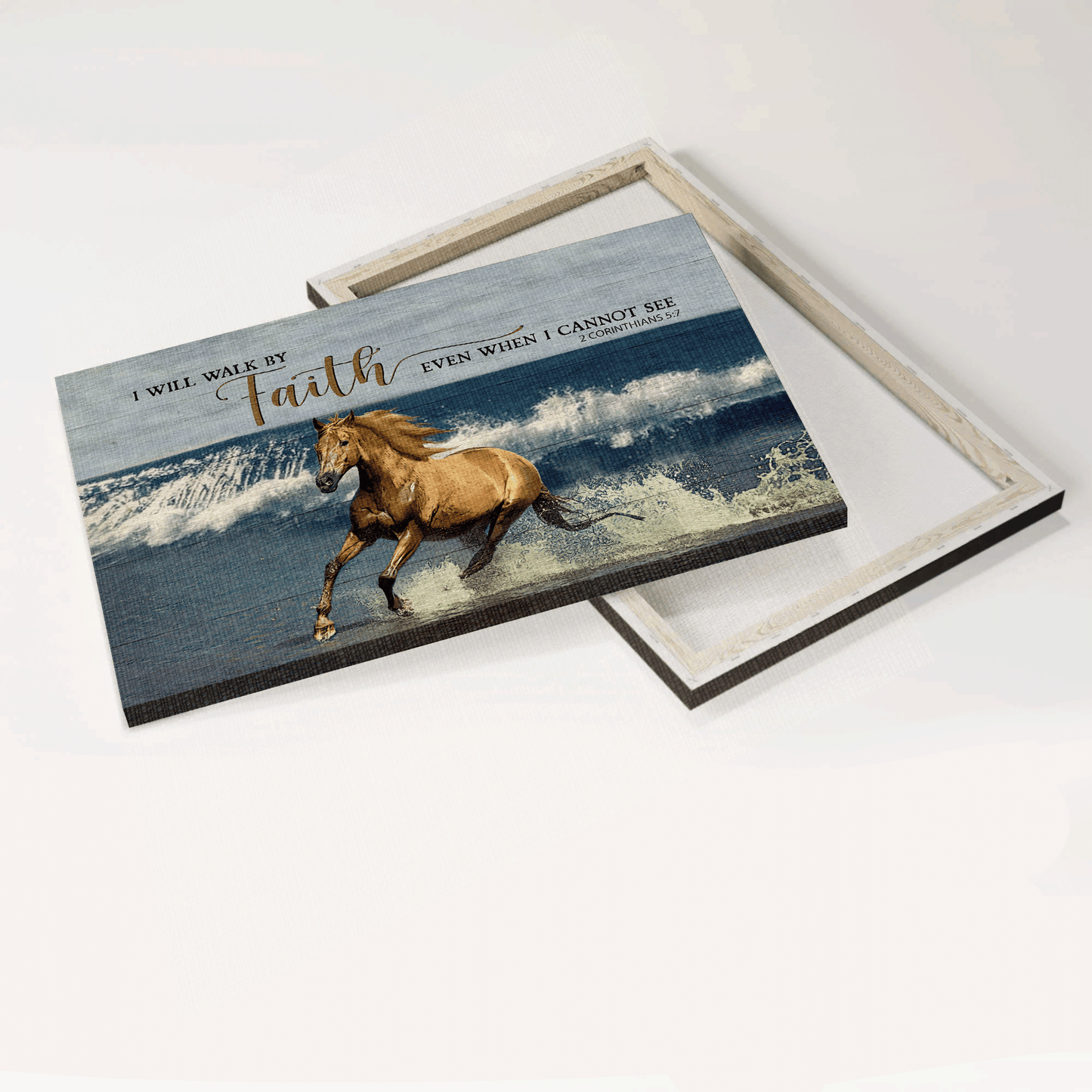 Jesus Landscape Canvas- Blue ocean painting, Running horse- Gift for Christian- I will walk by faith even when I cannot see - Landscape Canvas Prints, Christian Wall Art