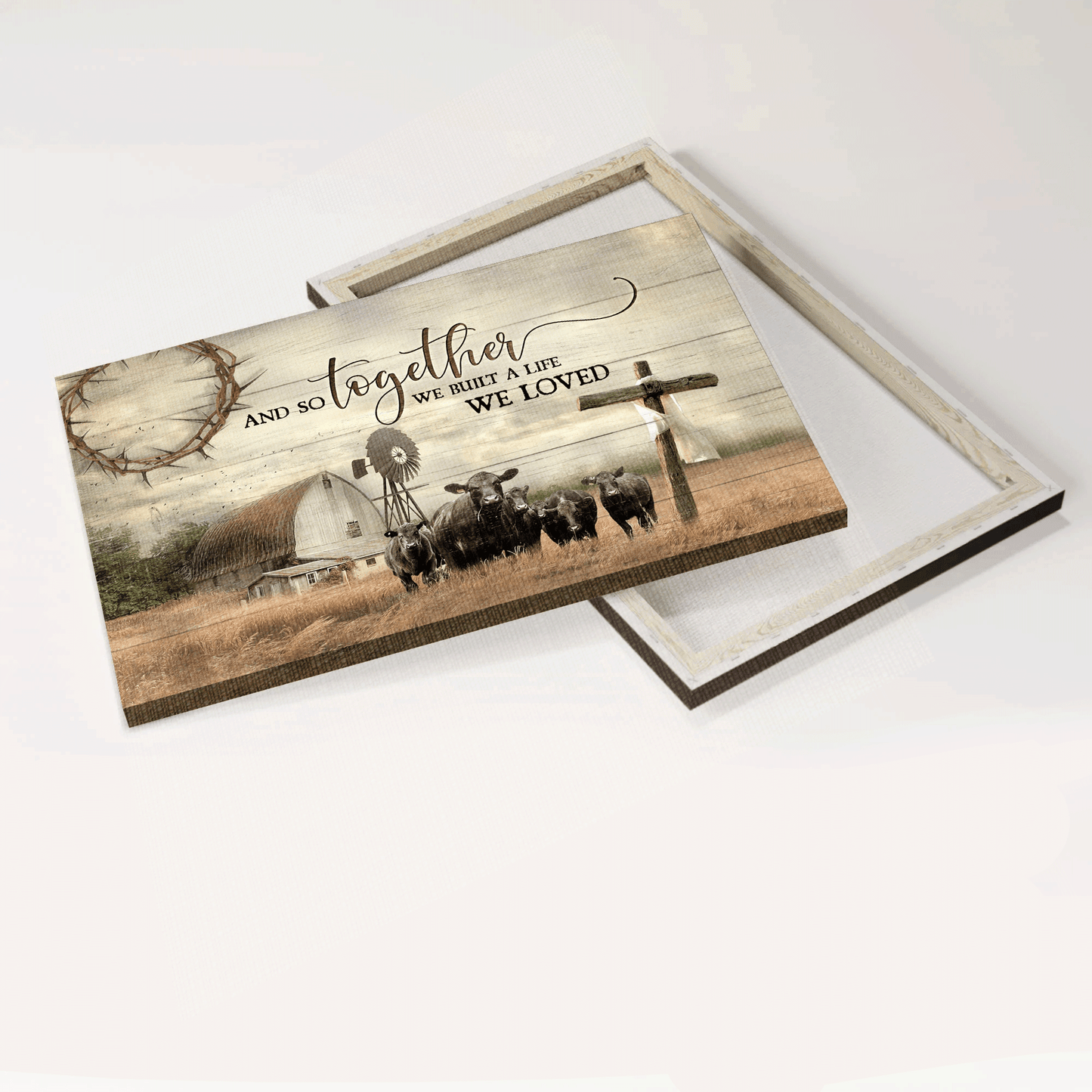 Jesus Landscape Canvas- Aberdeen Angus Canvas, Wooden Cross, Old Barn Painting- Gift For Religious Christian- And So Together We Built A Life We Loved