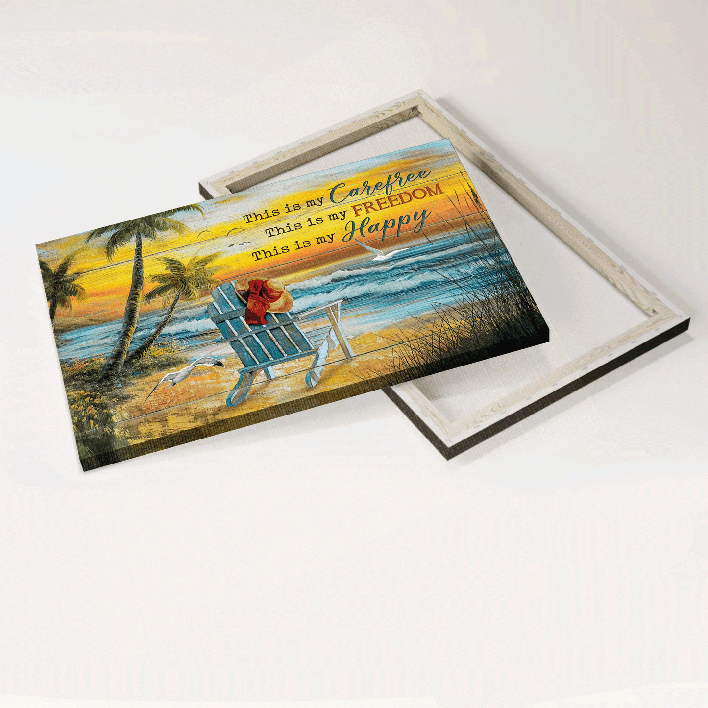 Jesus Landscape Canvas- Beach Chair, Floppy Hat, Sunset Beach, Seagull Landscape Canvas- Gift For Christian- This Is My Carefree