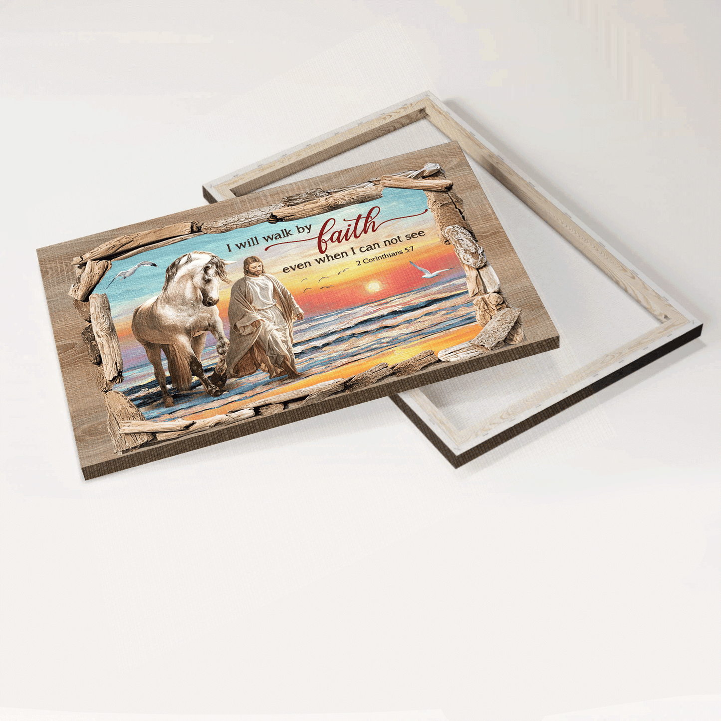 Jesus Landscape Canvas - Walking With Jesus, White Horse, Beautiful Beach Canvas - Gift For Christian - I Will Walk By Faith Canvas