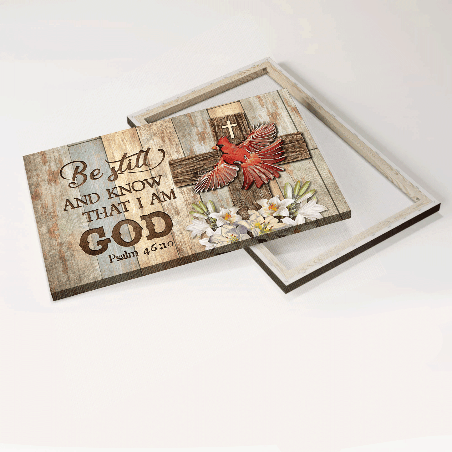 Jesus Landscape Canvas- Awesome Red Cardinal, Wooden Cross, Lily Flower Canvas- Gift For Christian- Be Still And Know That I Am God