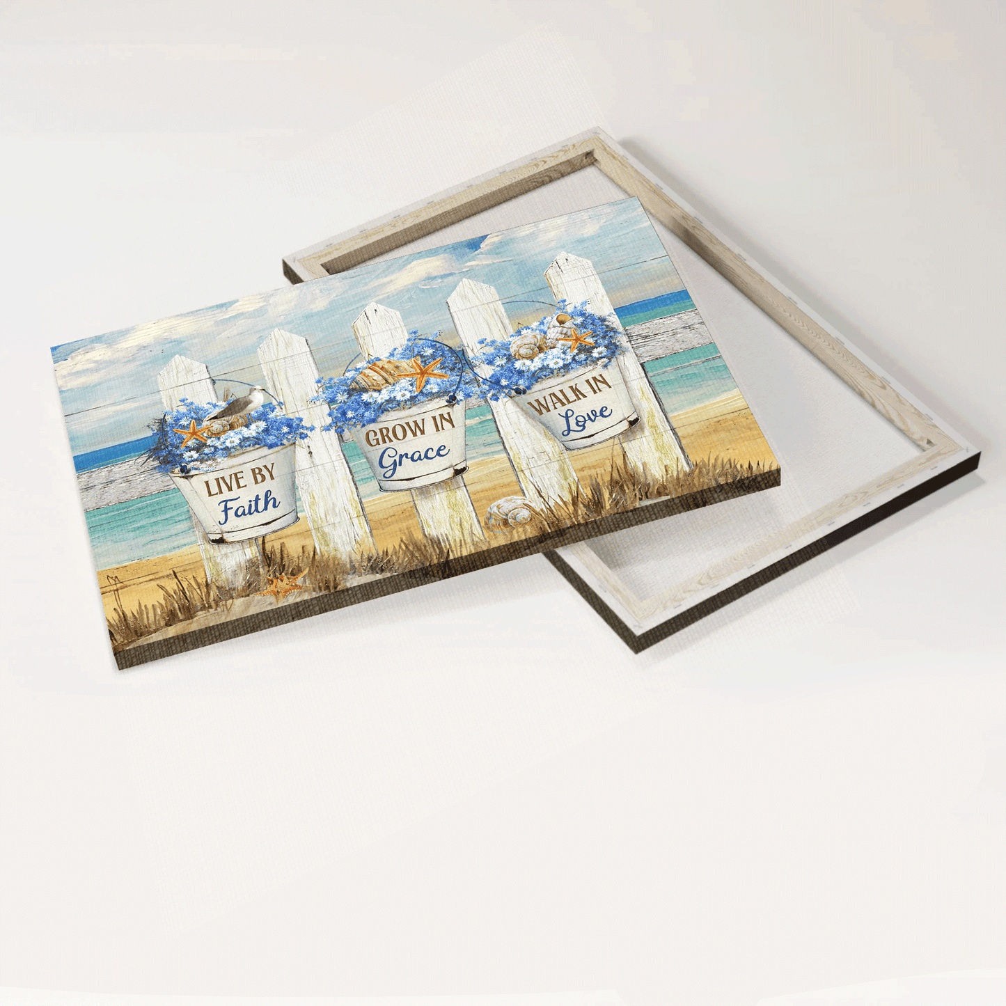 Jesus Landscape Canvas- Baby Flower, Beach Drawing, White Fence, Sea Animal Canvas- Gift For Christian- Live By Faith