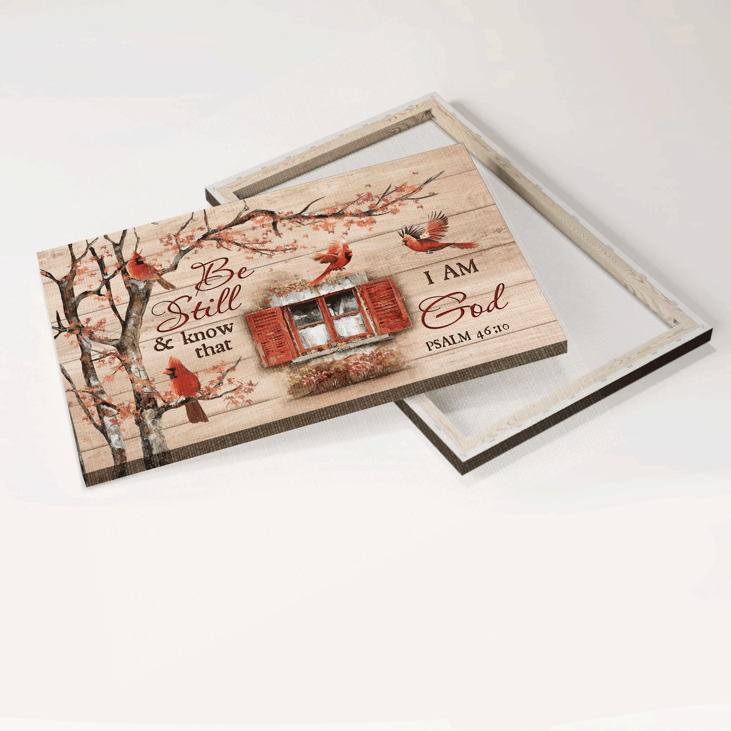 Jesus Landscape Canvas- Autumn Season, Red Cardinal, Vintage Windows, Cranberry Canvas- Gift For Christian-  Be Still & Know That I Am God