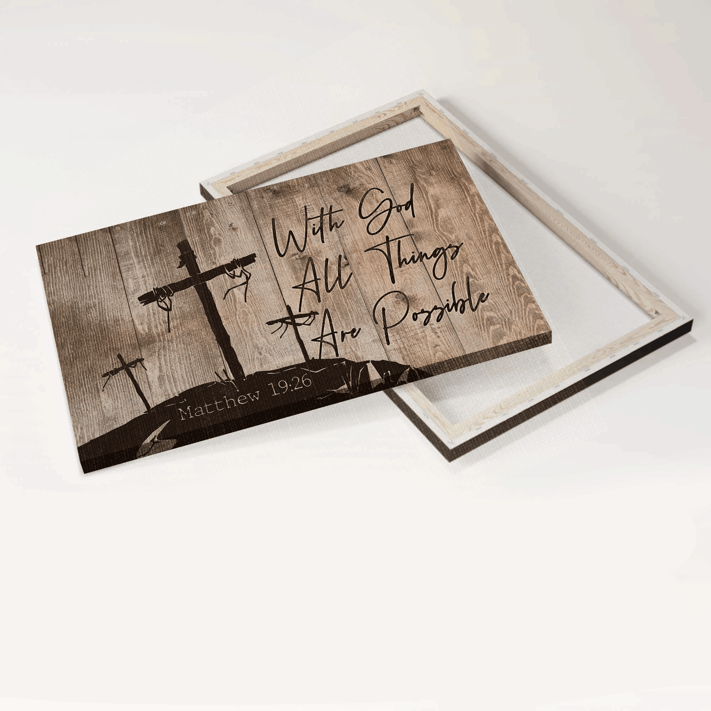 Jesus Landscape Canvas- 3 Wooden Crosses, Jesus Cross Landscape Canvas- Gift For Religious Christian- With God All Things Are Possible