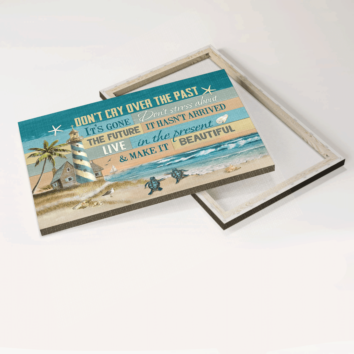 Jesus Landscape Canvas- Beach Painting, Pretty Lighthouse, Sea Turtle Canvas- Gift For Christian- Don't Cry Over The Past