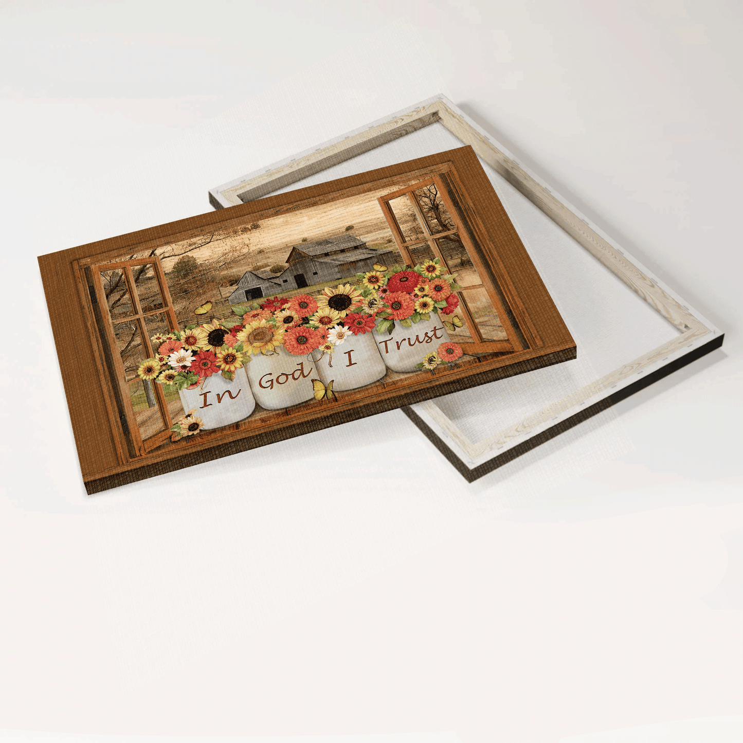 Jesus Landscape Canvas- Barn On Farm, Types Of Flowers, Yellow Butterfly Canvas- Gift For Christian- In God I Trust