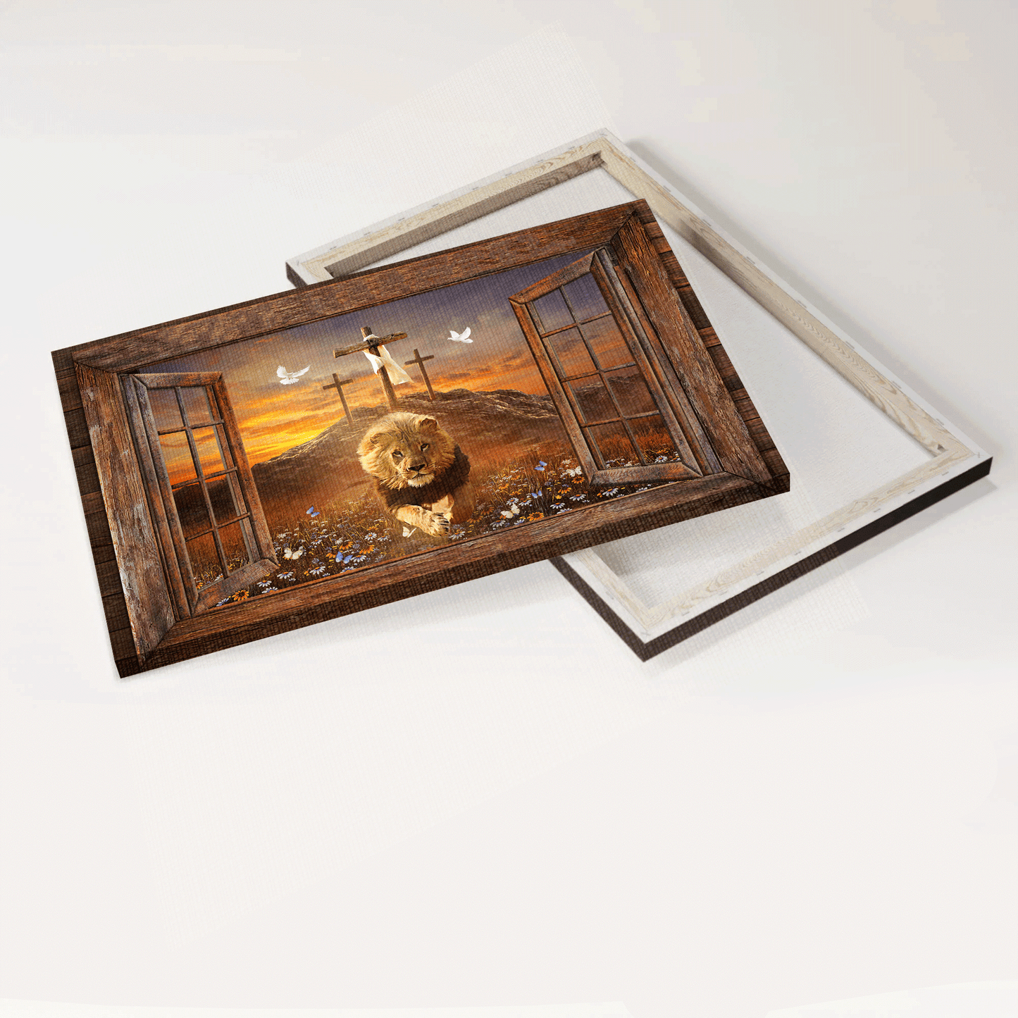 Jesus Landscape Canvas - Lion of Judah, Window frame, Sunset painting, The three crosses Landscape Canvas - Gift For Christian Landscape Canvas