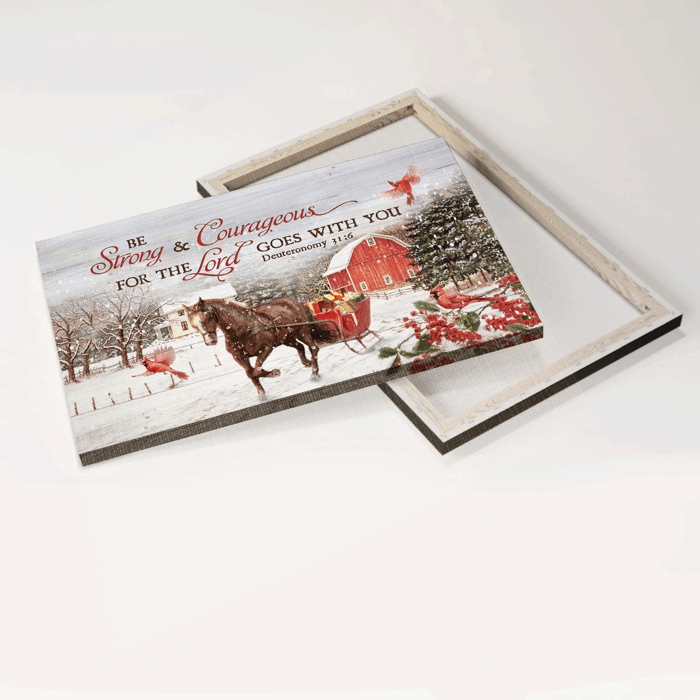 Jesus Landscape Canvas - Horse, Christmas gift car, Cardinal, Winter farm Landscape Canvas - Gift For Christian - Be strong and courageous Landscape Canvas