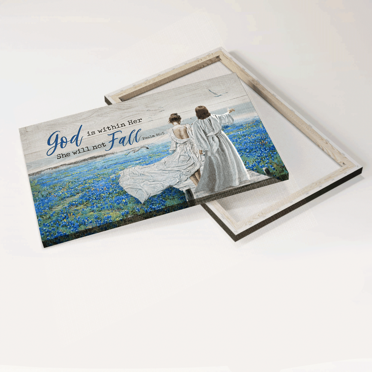 Jesus Landscape Canvas - Blue flower field, Walking with Jesus Landscape Canvas - Gift For Christian - God is within her, She will not fall Landscape Canvas