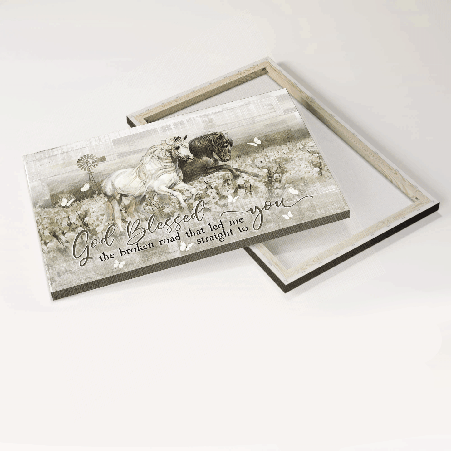 Jesus Landscape Canvas- Black and White Horse, Dandelion Field, Butterfly - Gift for Christian- God blessed the road that led me to you- Landscape Canvas Prints, Wall Art