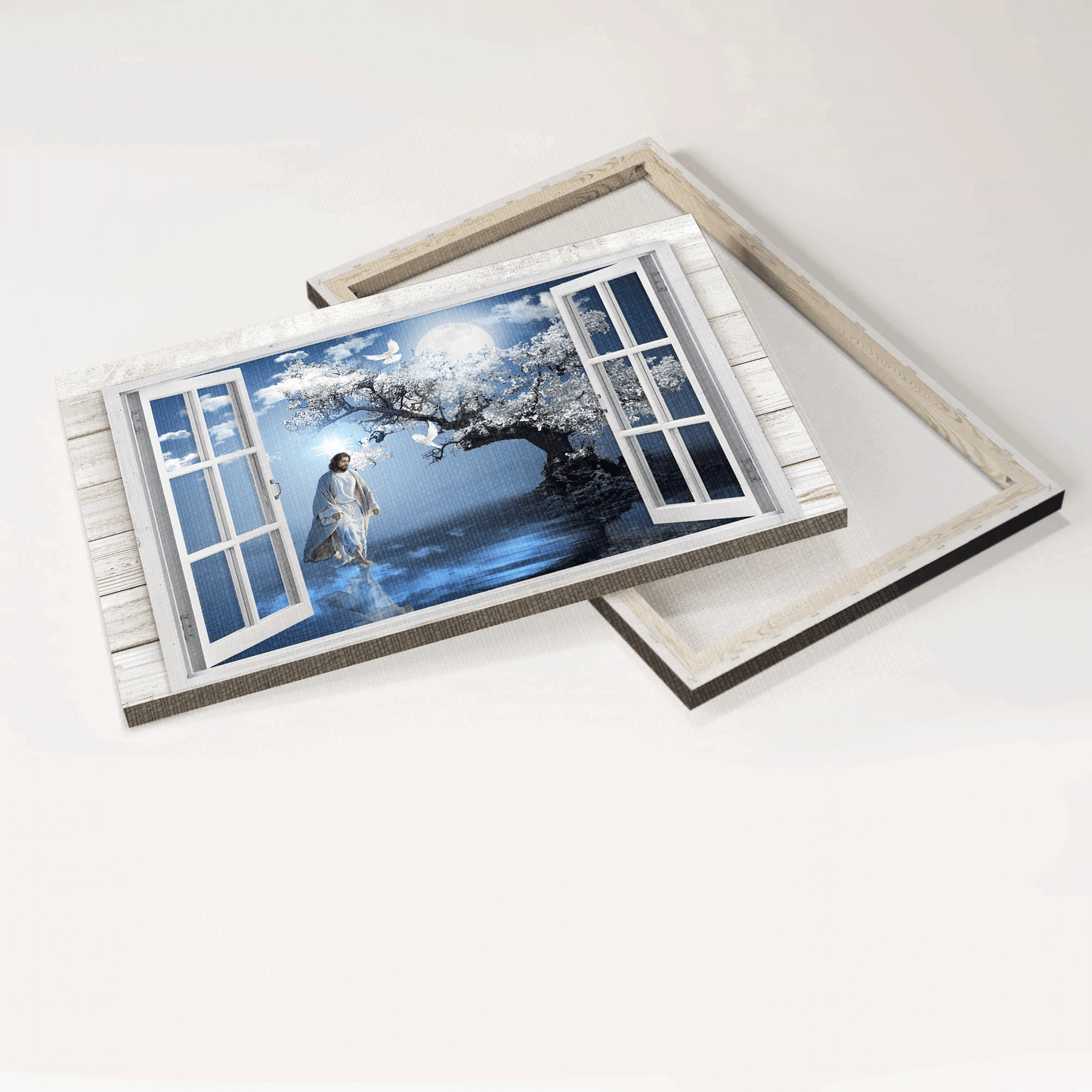 Jesus Landscape Canvas- Blue night, Magic tree, Full moon, White dove, Walking with Jesus canvas- Gift for Christian - Landscape Canvas Prints, Christian Wall Art