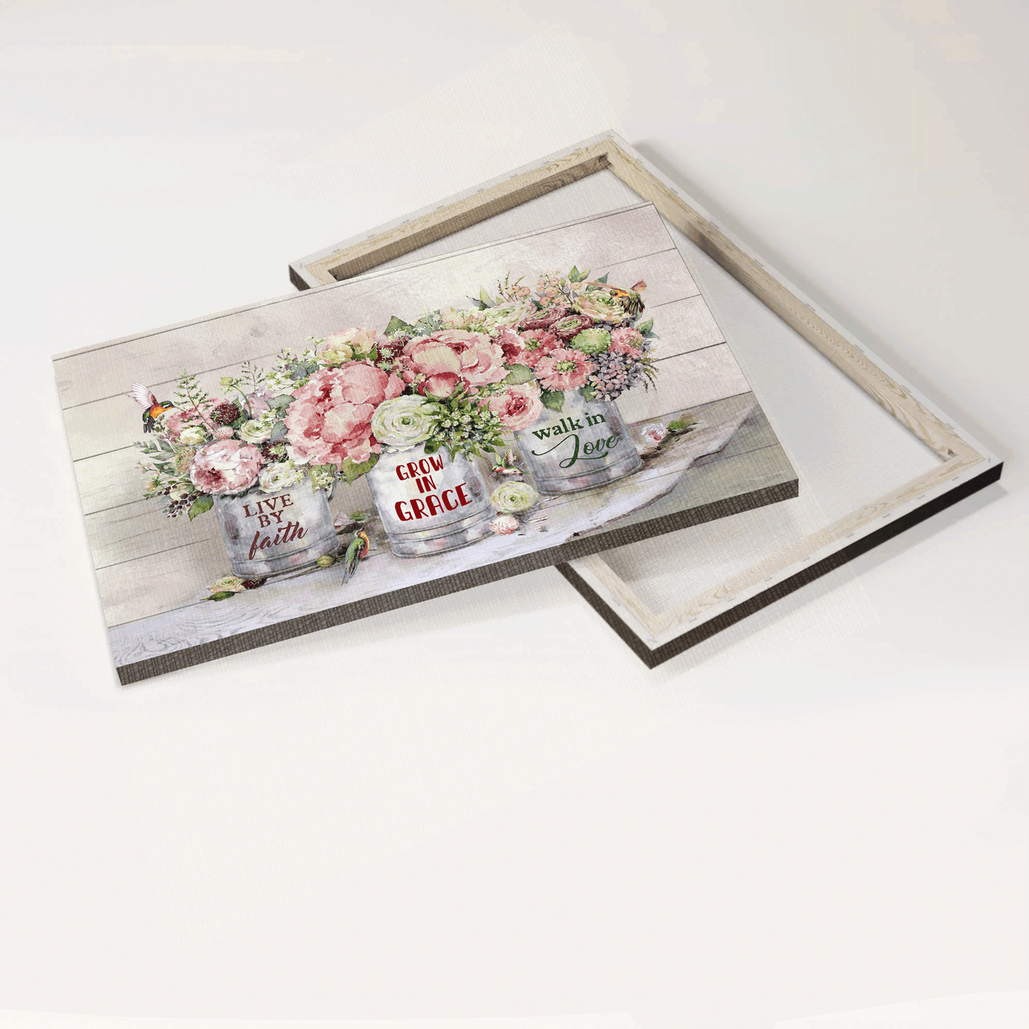 Jesus Landscape Canvas - Pastel flower garden, Hummingbird drawing Landscape Canvas - Gift For Christian - Live by faith, Grow in grace Landscape Canvas