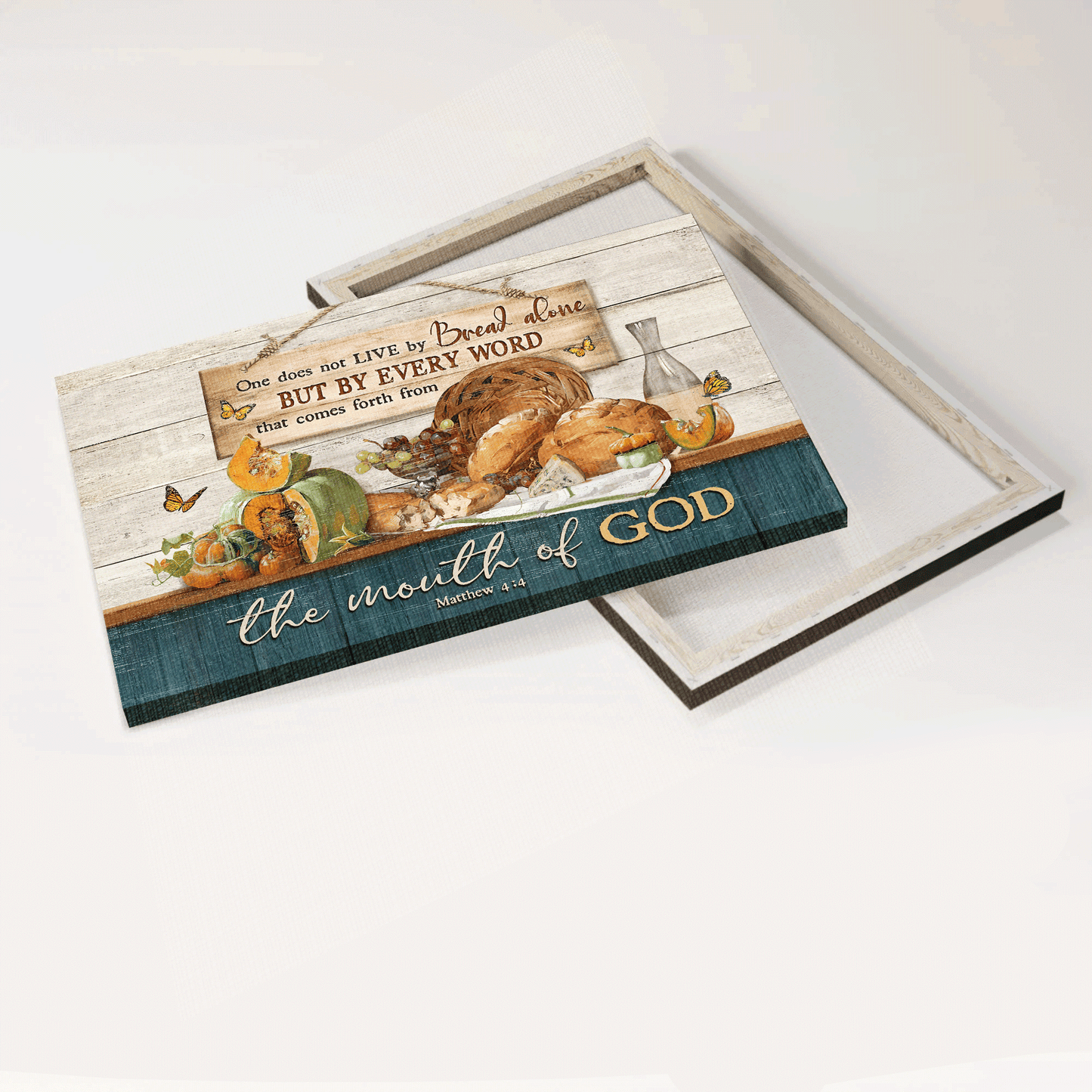 Jesus Landscape Canvas - Bible verse, Food drawing, Monarch butterfly Landscape Canvas - Gift For Christian - One does not live by bread alone