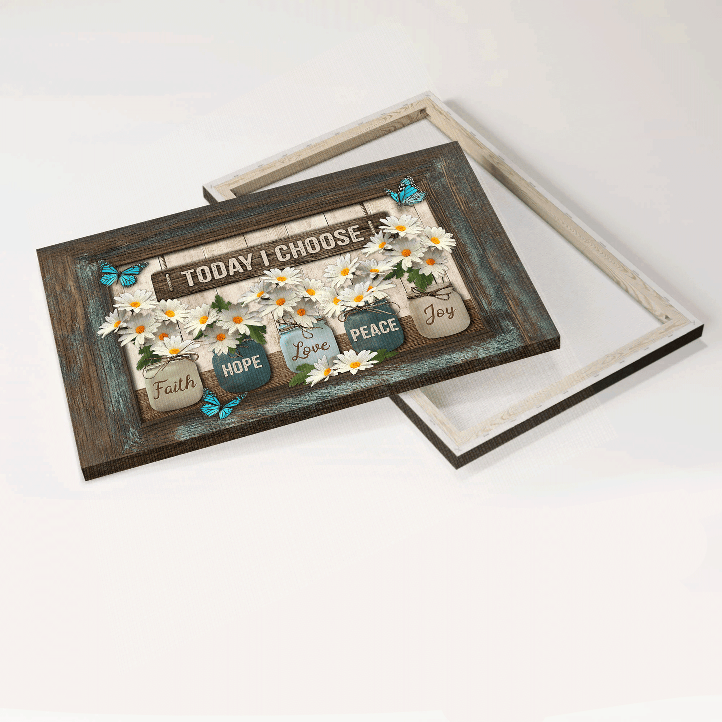 Jesus Landscape Canvas- Daisy flower, Mason jar, Blue butterfly, Flower vase canvas- Gift for Christian- Today I choose