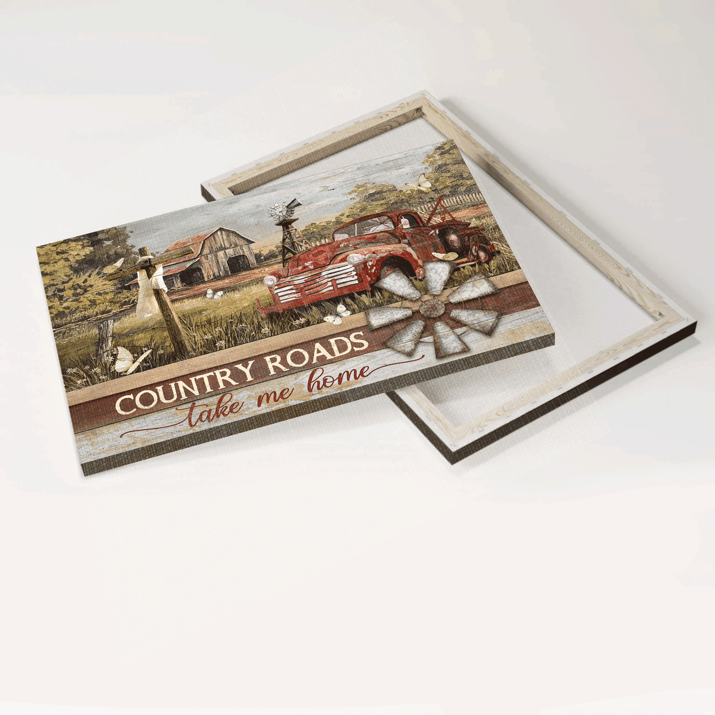 Jesus Landscape Canvas - Old ladybug car, Wooden cross, Rice field Landscape Canvas - Gift For Christian - Country roads take me home Landscape Canvas