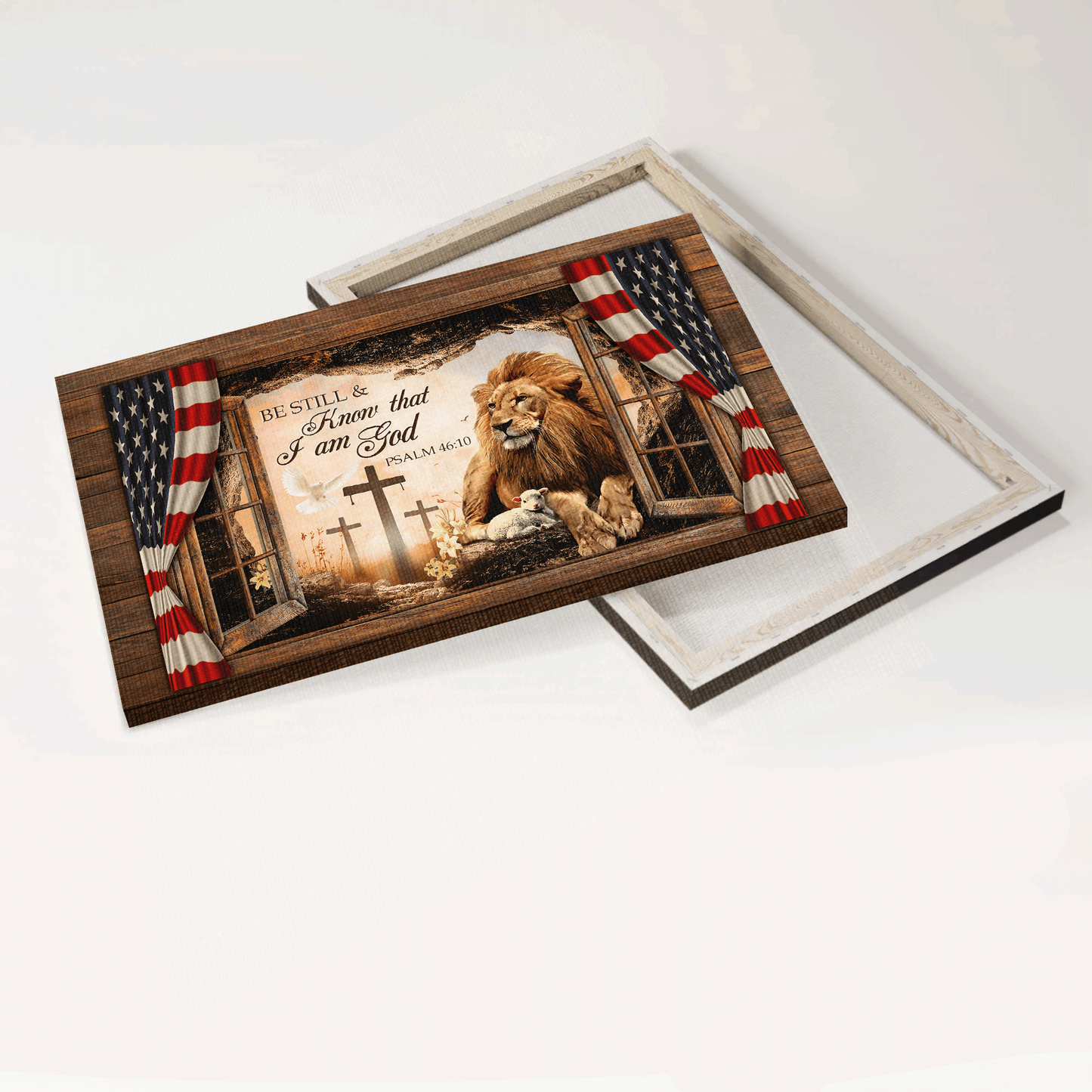 Jesus Landscape Canvas - Lion of Judah, Lamb of God, The US flag Canvas - Gift for Christian - Be still and know that I am God Landscape Canvas