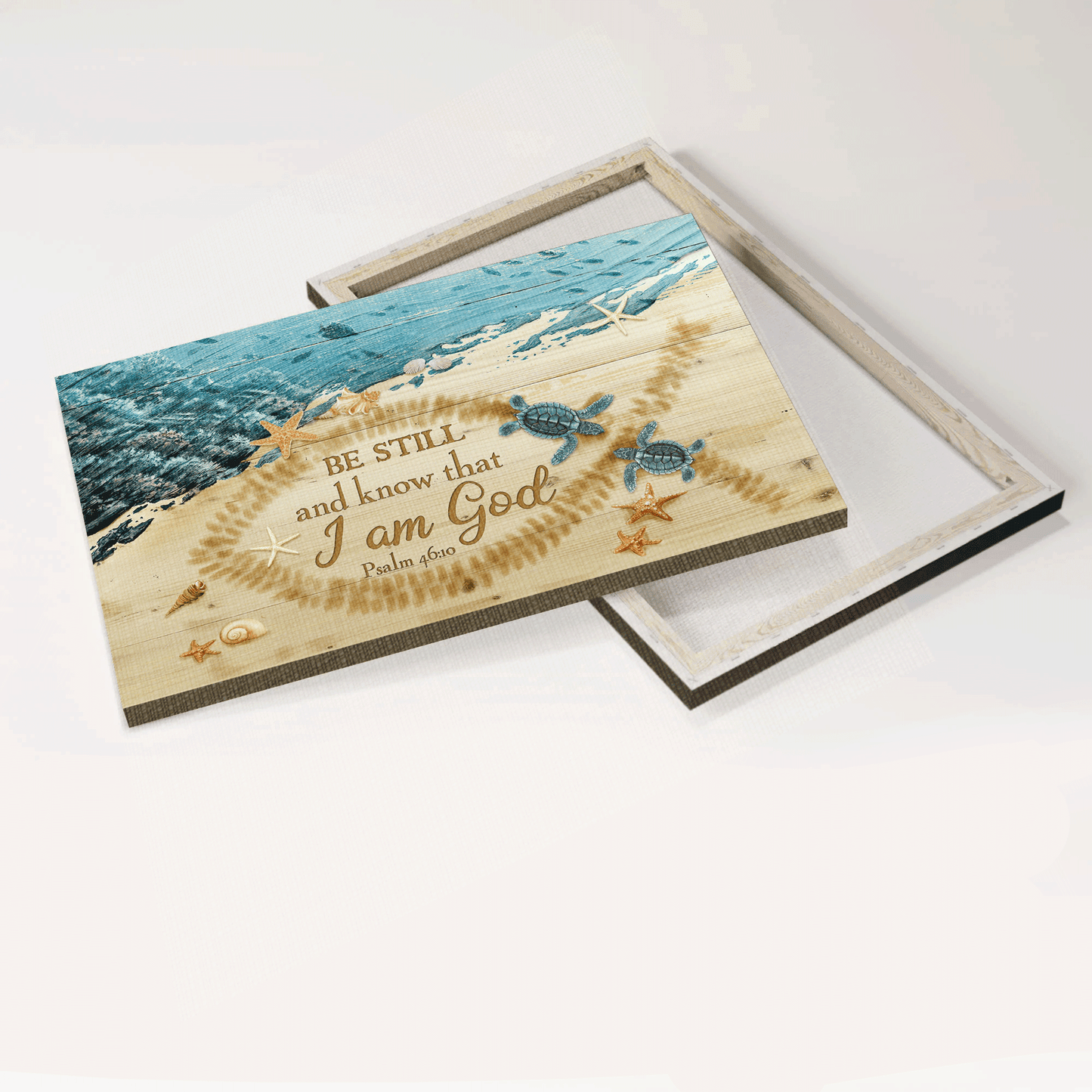 Jesus Landscape Canvas- Beach Painting, Couple Sea Turtle, Starfish, Conch Canvas- Gift For Christian- Be Still And Know That I Am God